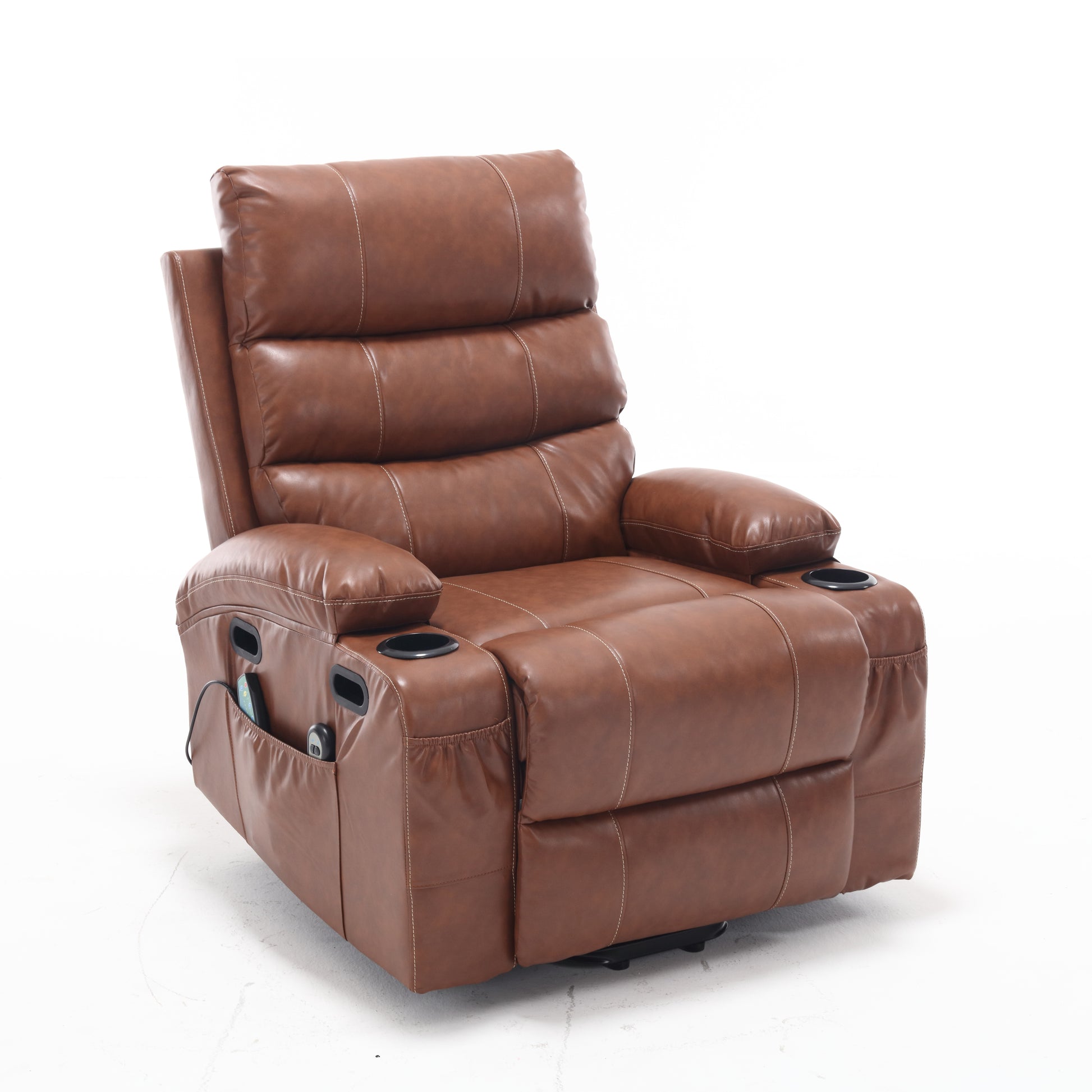 21"Seat Width,Large Size Electric Power Lift Recliner Chair Sofa For Elderly, 8 Point Vibration Massage And Lumber Heat, Remote Control, Side Pockets And Cup Holders, Cozy Fabric, Overstuffed Arm Pu Brown Pu