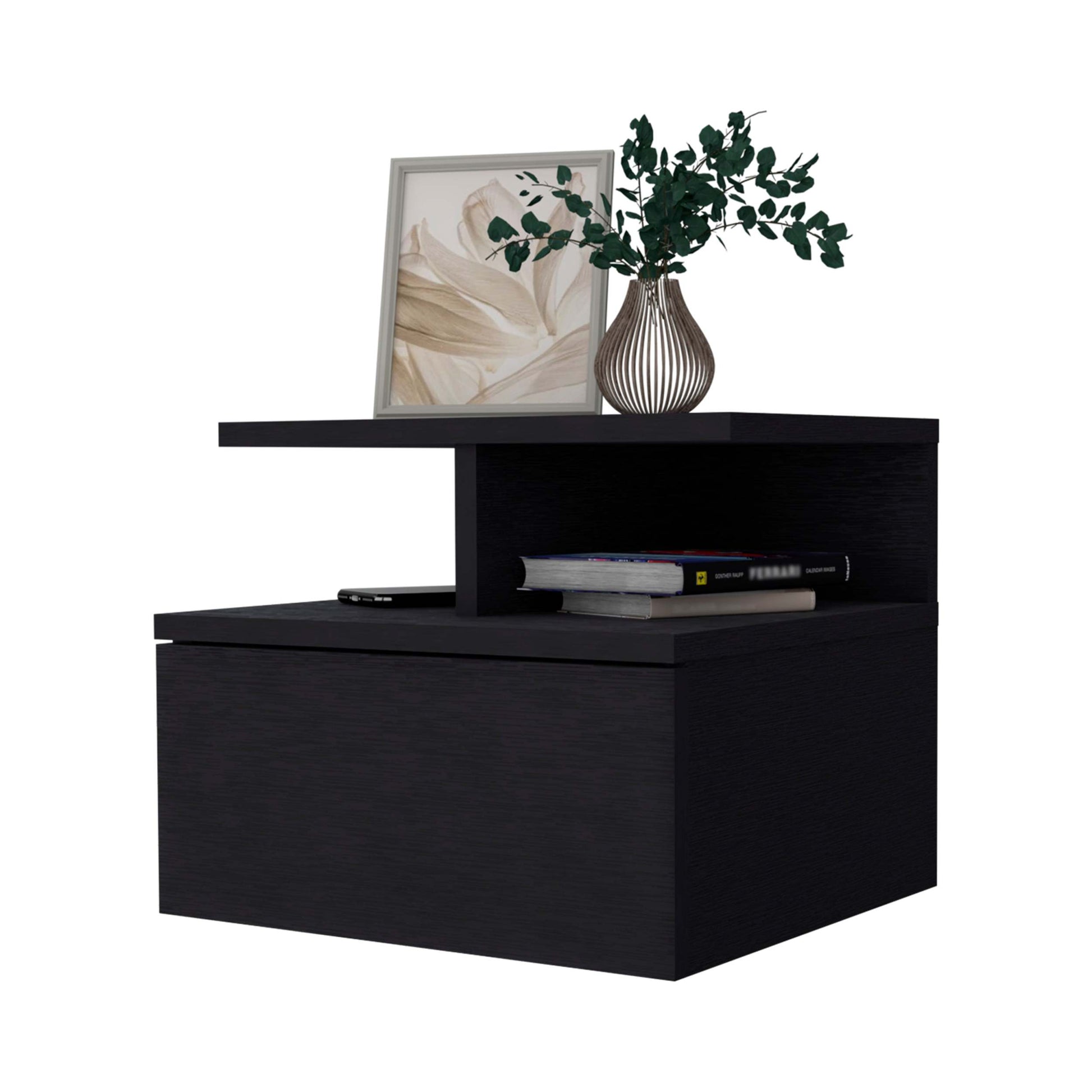 Augusta Floating Nightstand With 2 Tier Shelf And 1 Drawer Black Mdf Engineered Wood