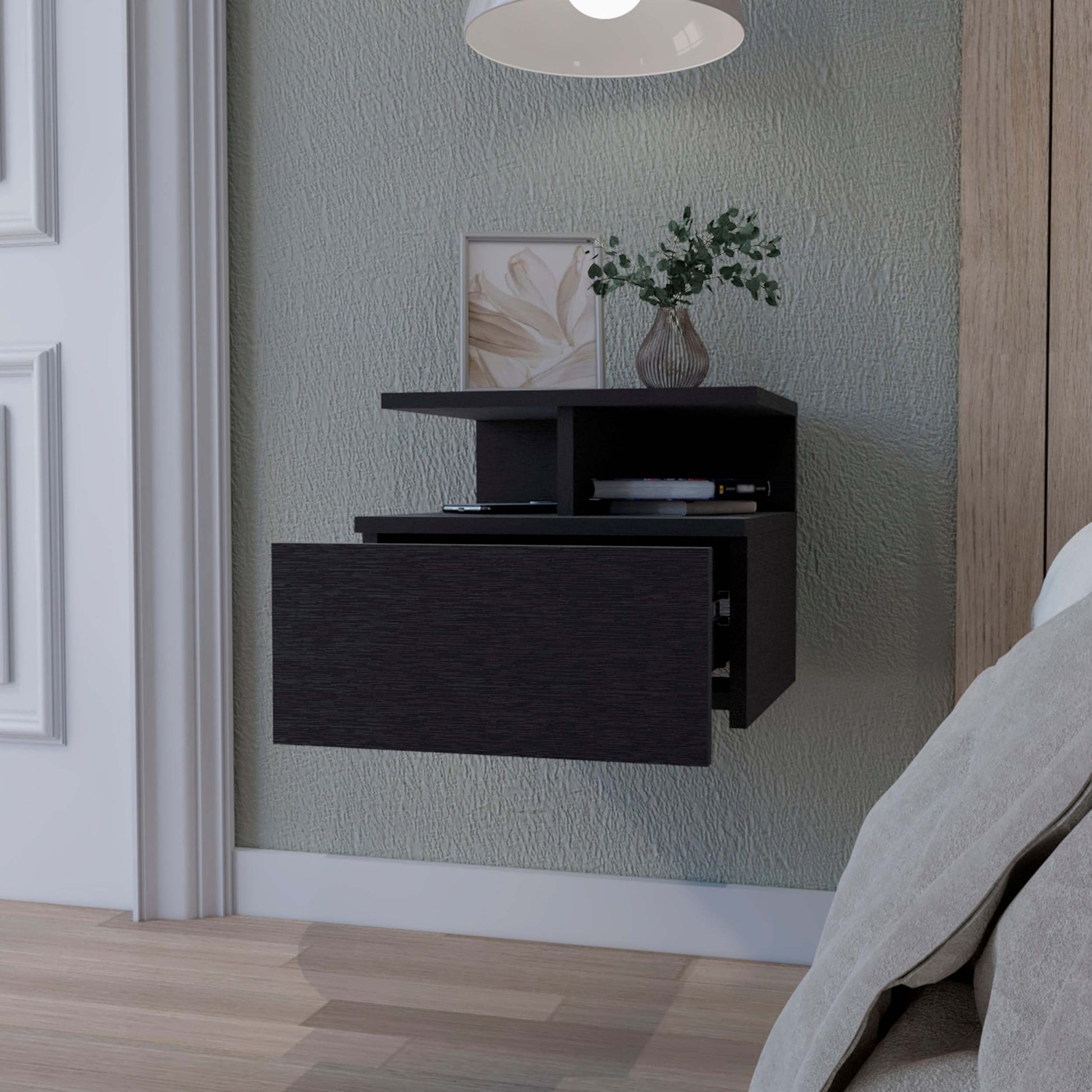 Augusta Floating Nightstand With 2 Tier Shelf And 1 Drawer White Mdf Engineered Wood