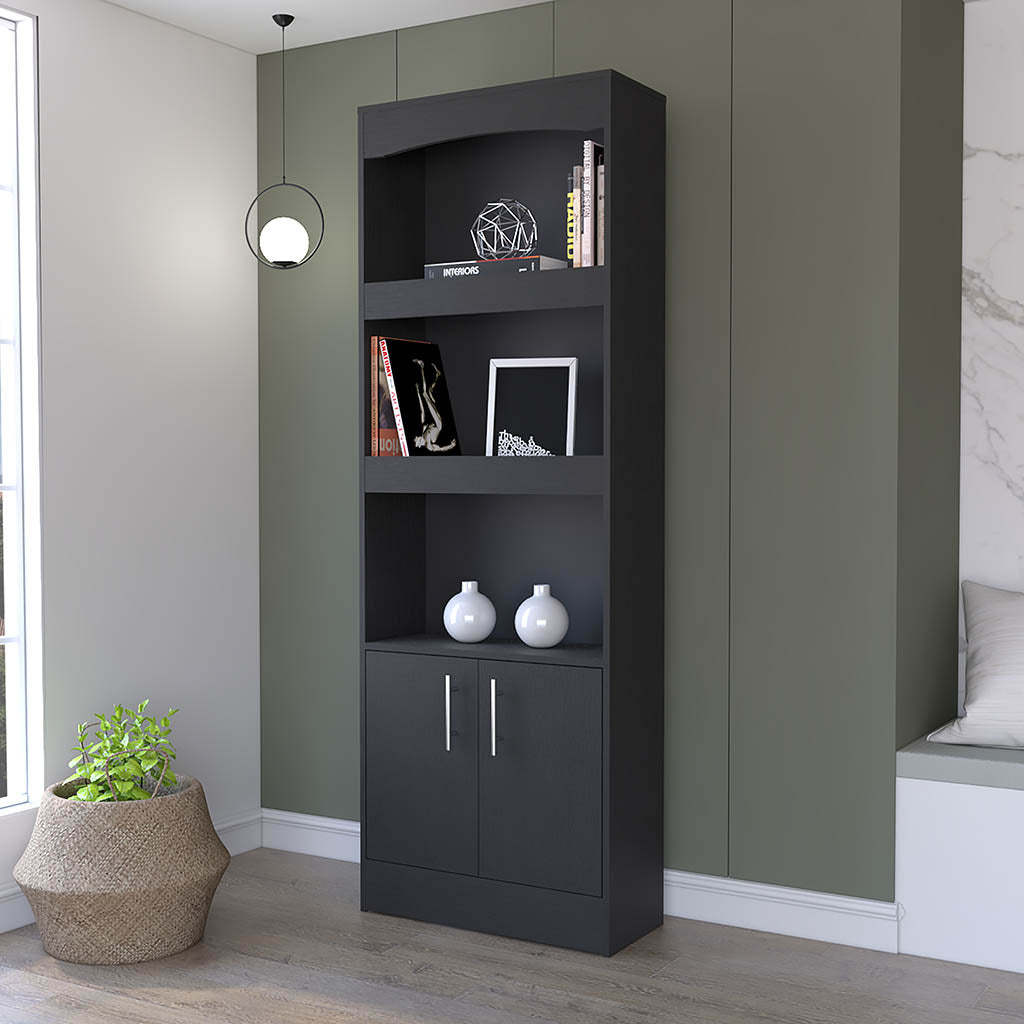 Durango Bookcase, Three Shelves, Double Door Cabinet Black Mdf Engineered Wood