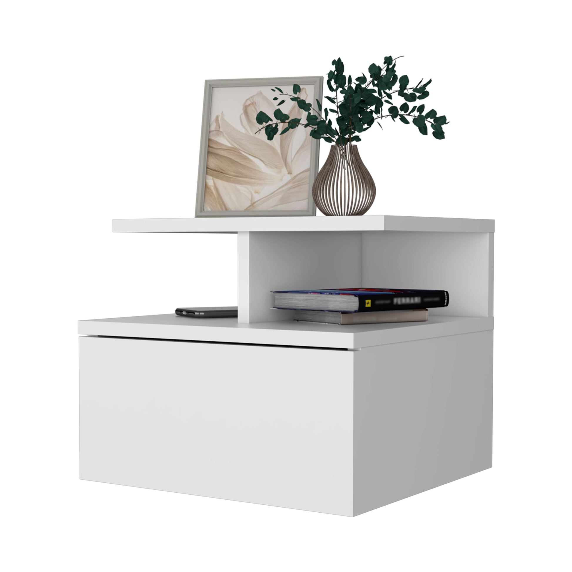 Augusta Floating Nightstand With 2 Tier Shelf And 1 Drawer White 1 Drawer Bedroom Rectangle Modern Mdf Engineered Wood