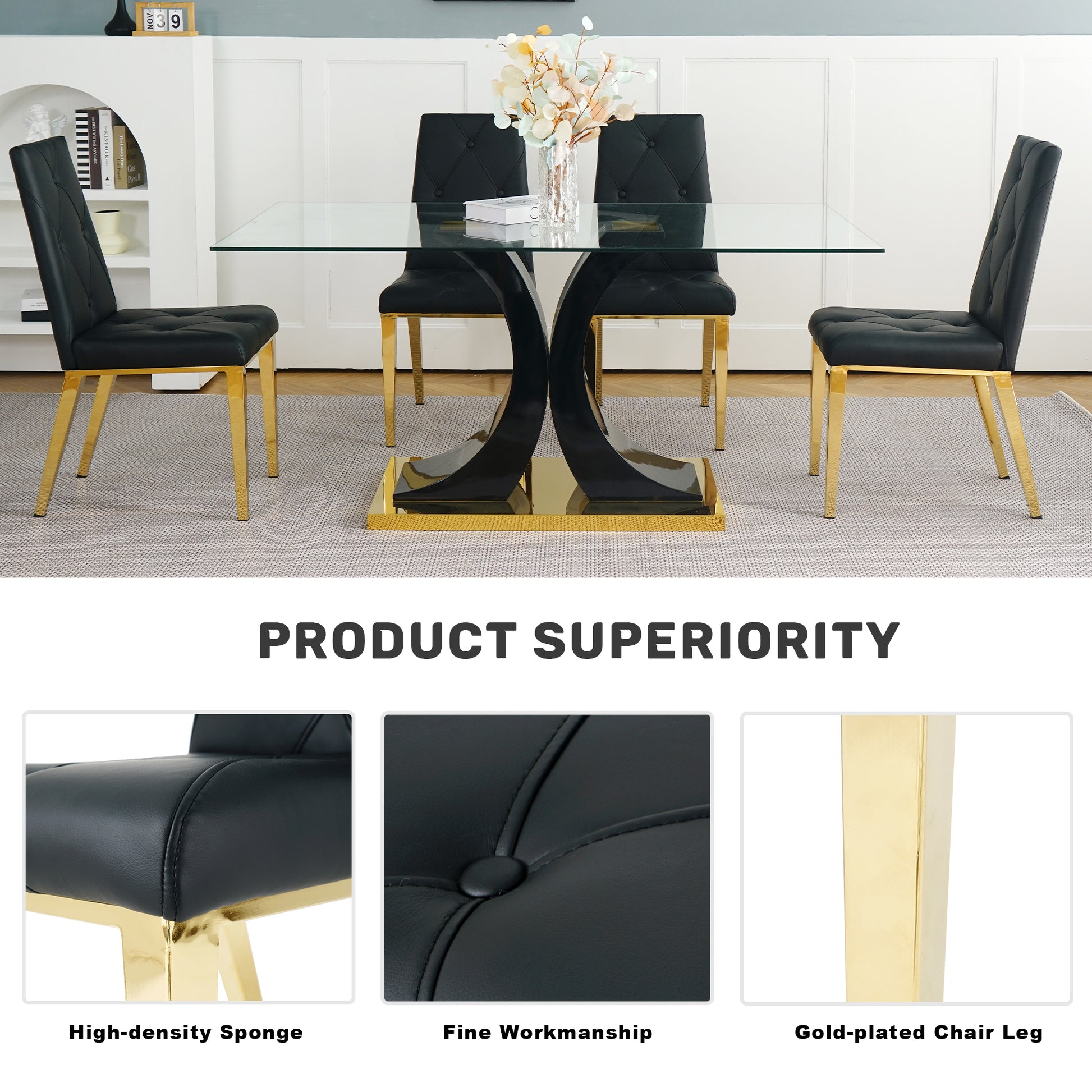 Modern Simple Light Luxury Dining Chair Black Chair Family Bedroom Chair Pu Fabric Dining Chair Gold Plated Legs Set Of 2 Metal Black Gold Pu