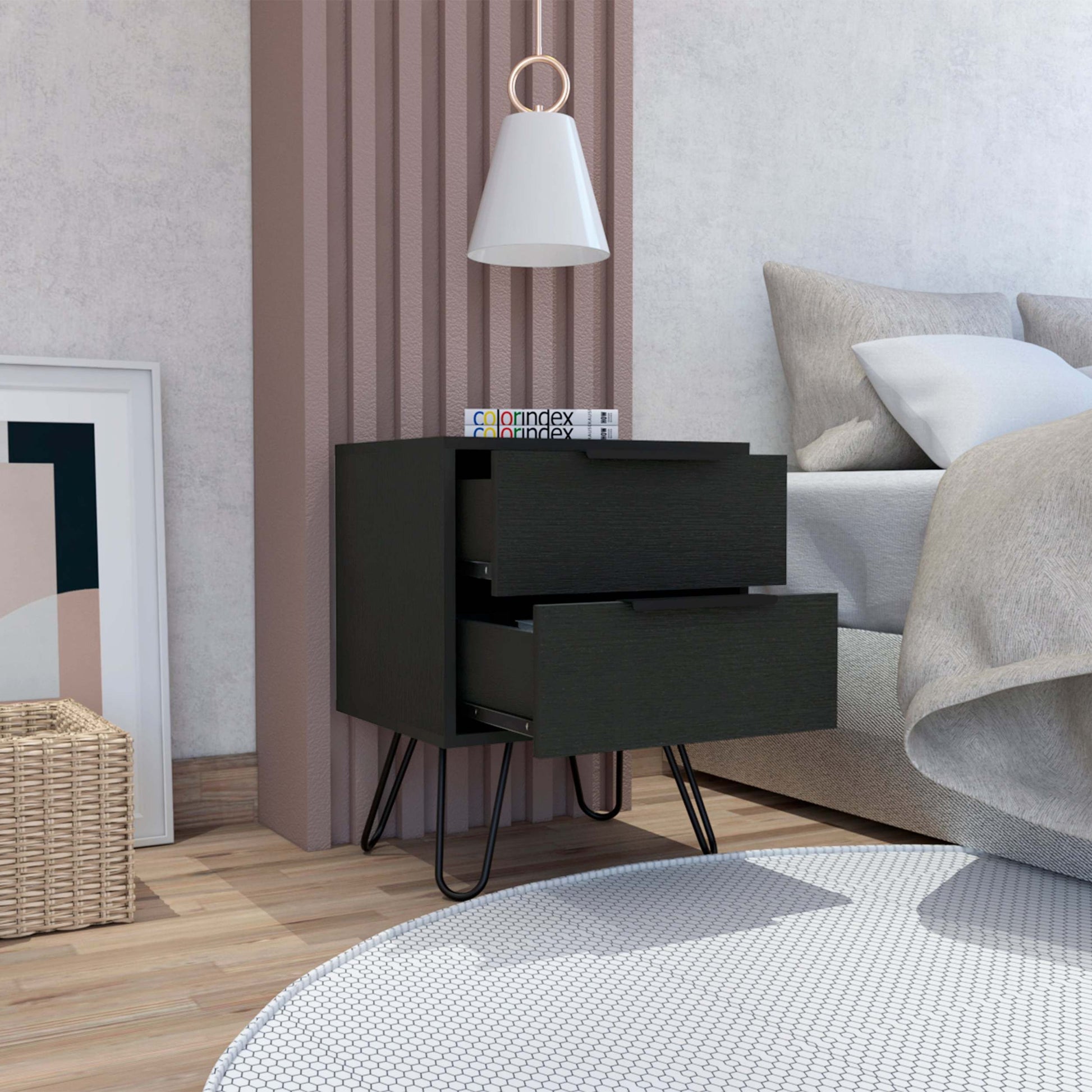 Nuvo 2 Nightstand,Two Drawers, Hairpin Legs Black Mdf Engineered Wood