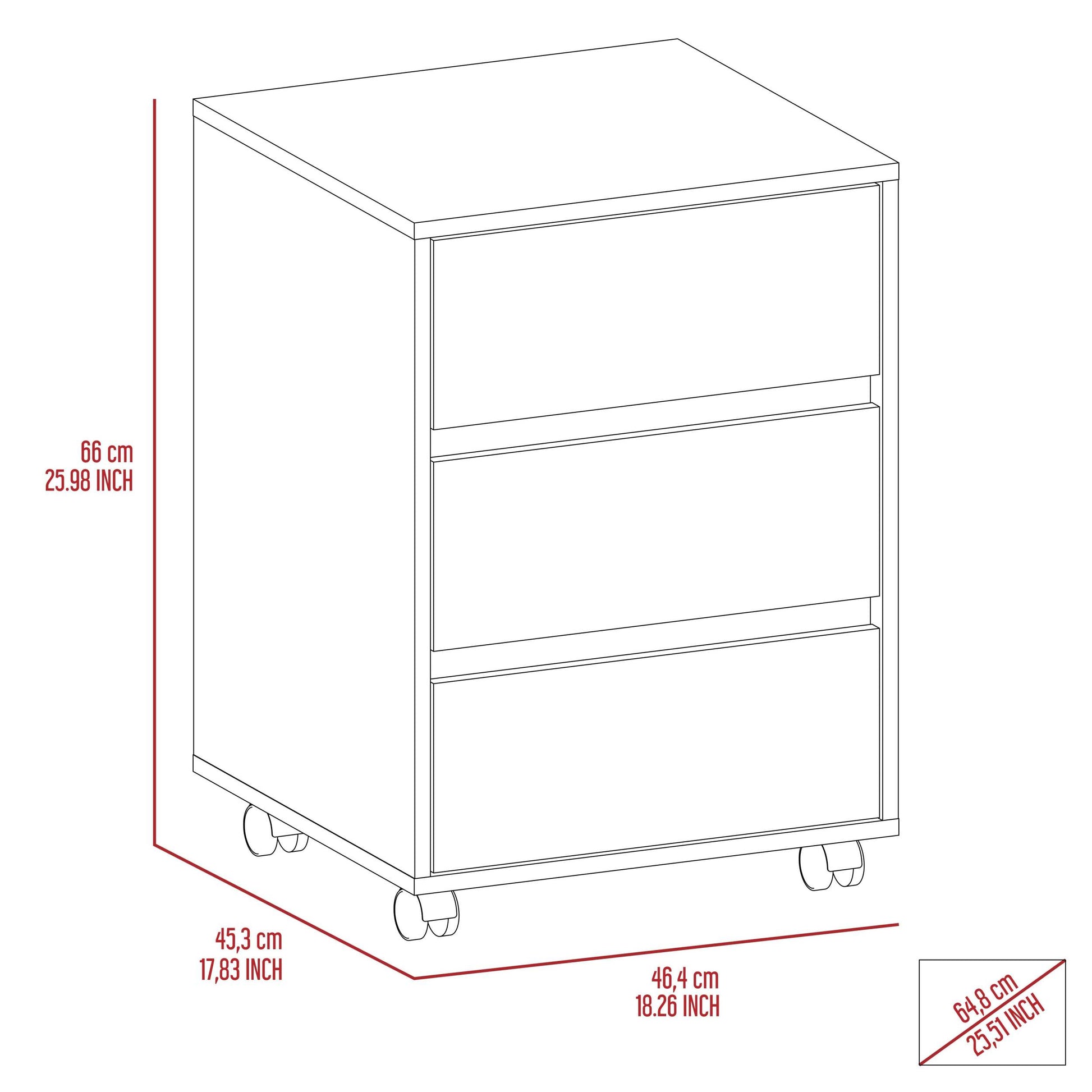 Vienna Three Drawers Filing Cabinet, Roller Blade Glide White Mdf Engineered Wood