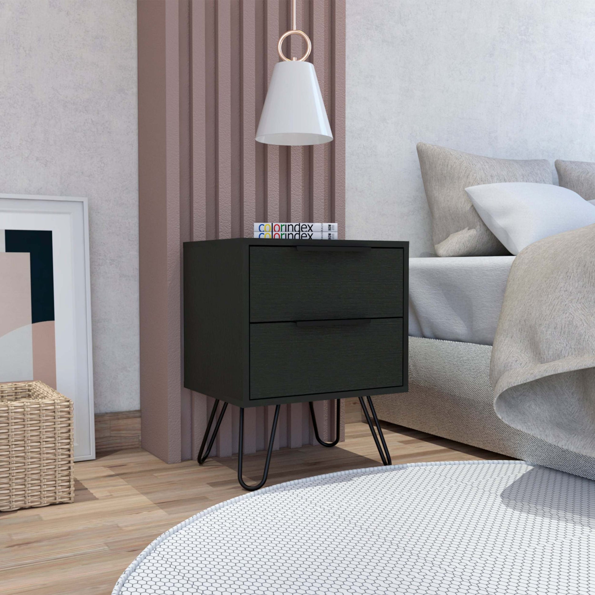 Nuvo 2 Nightstand,Two Drawers, Hairpin Legs Black Mdf Engineered Wood