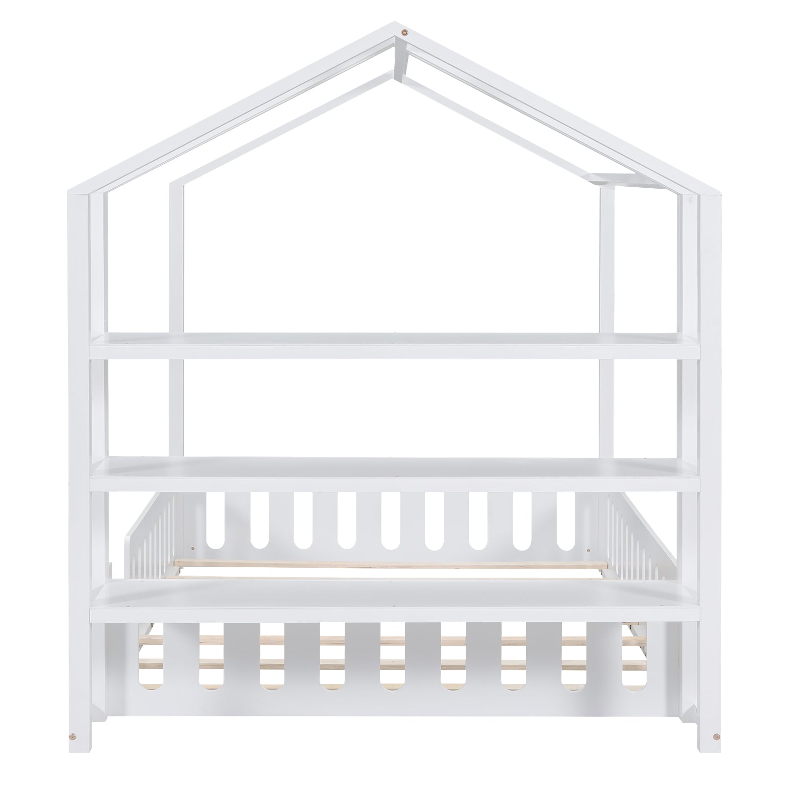 Full Size Wood House Bed With Fence And Detachable Storage Shelves, White Box Spring Not Required Full White Wood Bedroom Bed Frame Solid Wood Mdf