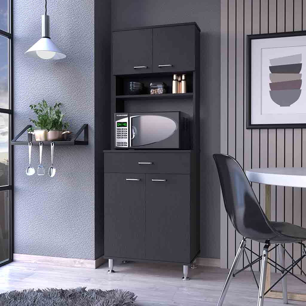 Bay Area Pantry, Two Door Cabinets, One Drawer, Four Adjustable Metal Legs Black Dining Room Modern Mdf Shelves Included Engineered Wood