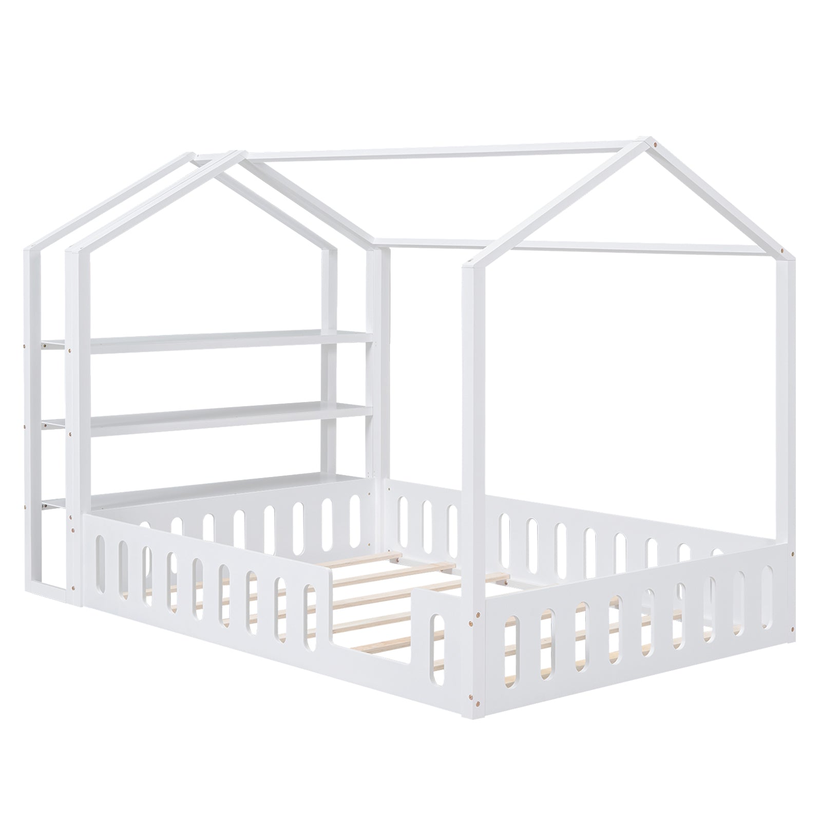 Full Size Wood House Bed With Fence And Detachable Storage Shelves, White Box Spring Not Required Full White Wood Bedroom Bed Frame Solid Wood Mdf