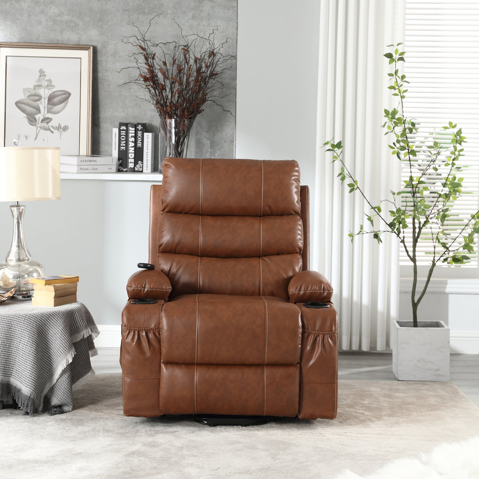 21"Seat Width,Large Size Electric Power Lift Recliner Chair Sofa For Elderly, 8 Point Vibration Massage And Lumber Heat, Remote Control, Side Pockets And Cup Holders, Cozy Fabric, Overstuffed Arm Pu Brown Pu