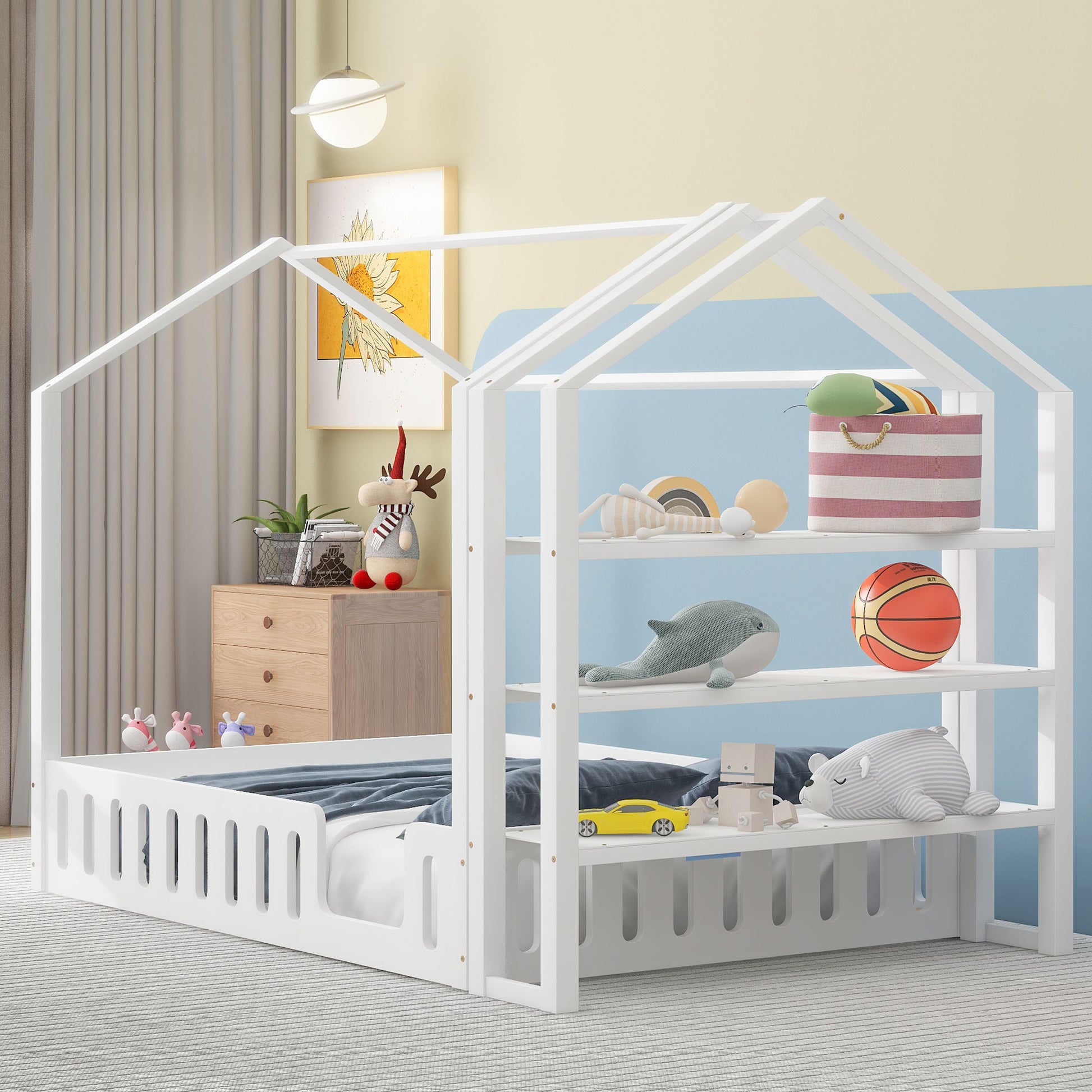 Full Size Wood House Bed With Fence And Detachable Storage Shelves, White Box Spring Not Required Full White Wood Bedroom Bed Frame Solid Wood Mdf