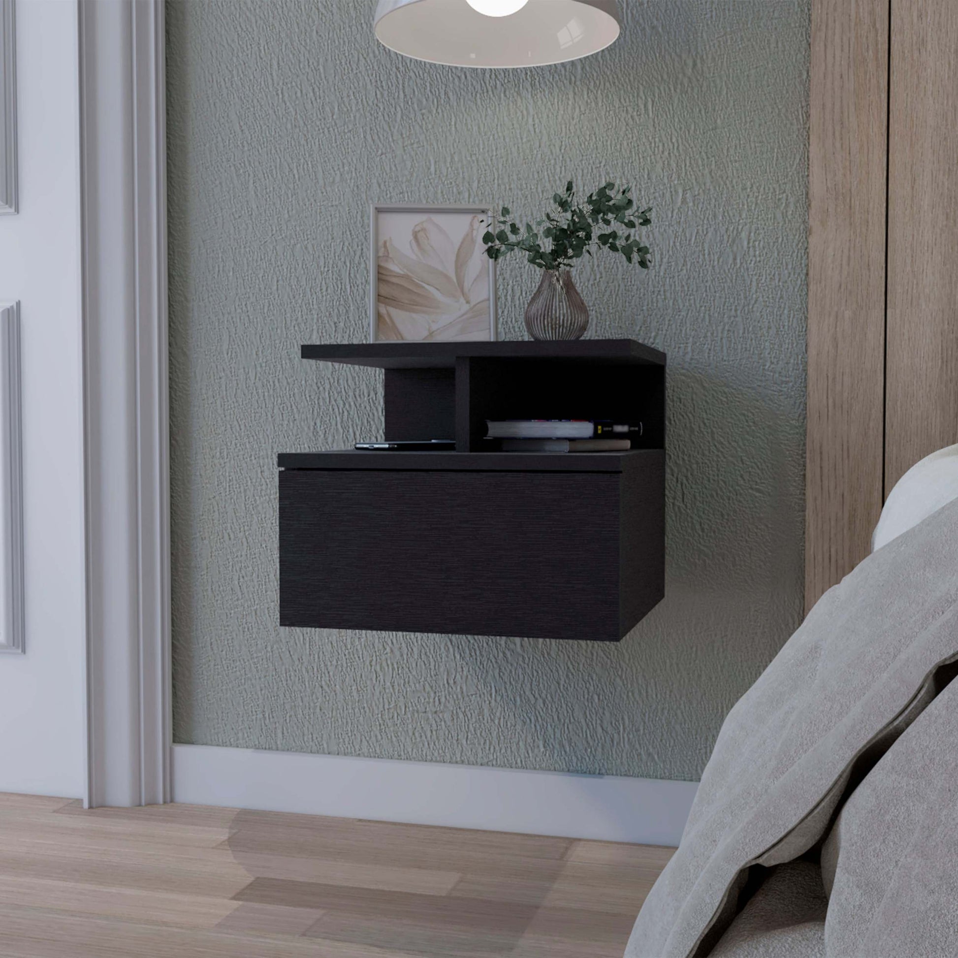 Augusta Floating Nightstand With 2 Tier Shelf And 1 Drawer Black Mdf Engineered Wood