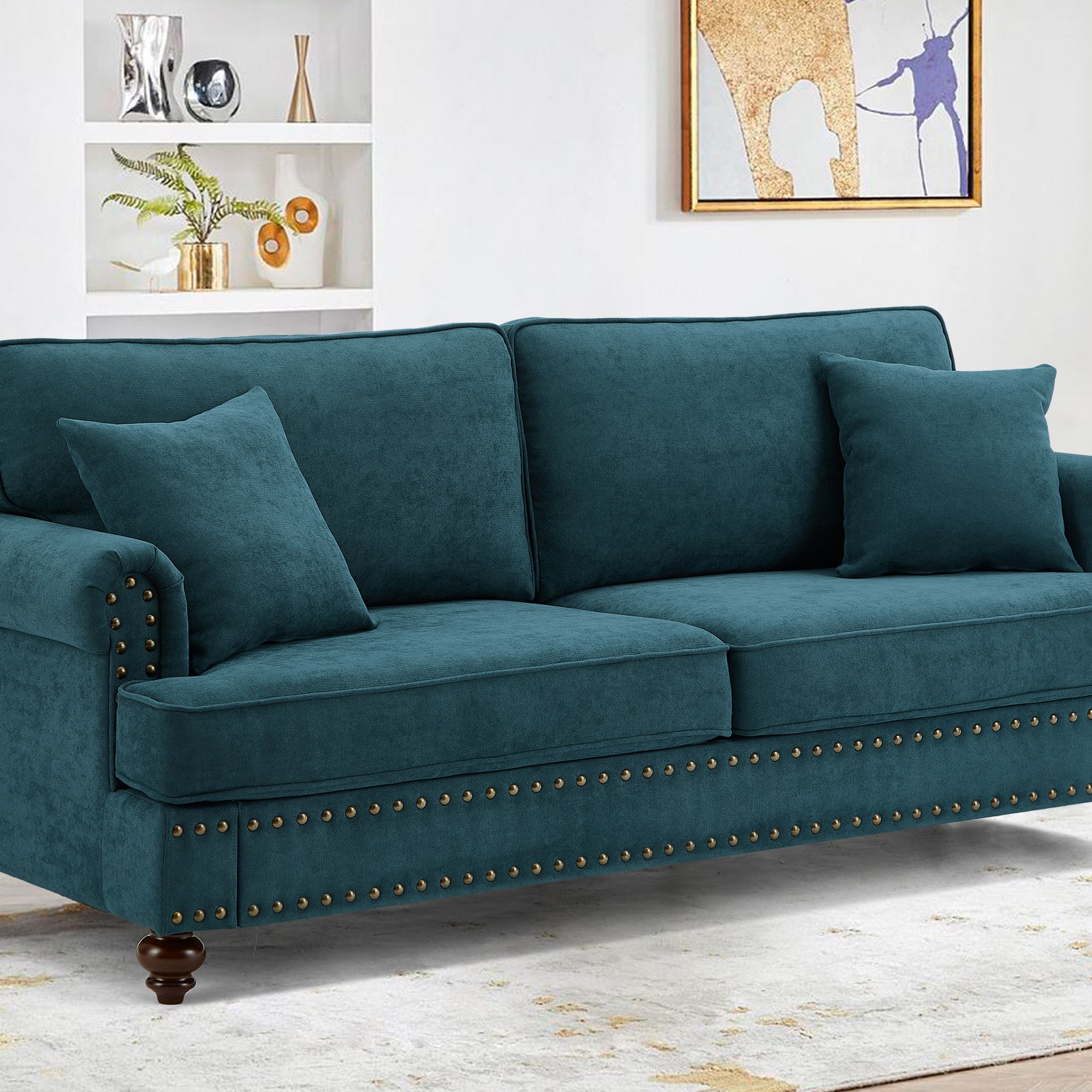 Modern Sofa For Living Room, 82" Green Chenille Sofa Couch, Sectional Beautiful Seat Couch With Brown Legs, Upholstered Sofa For Apartment Bedroom Home Office Lake Green Wood Dining Room Soft