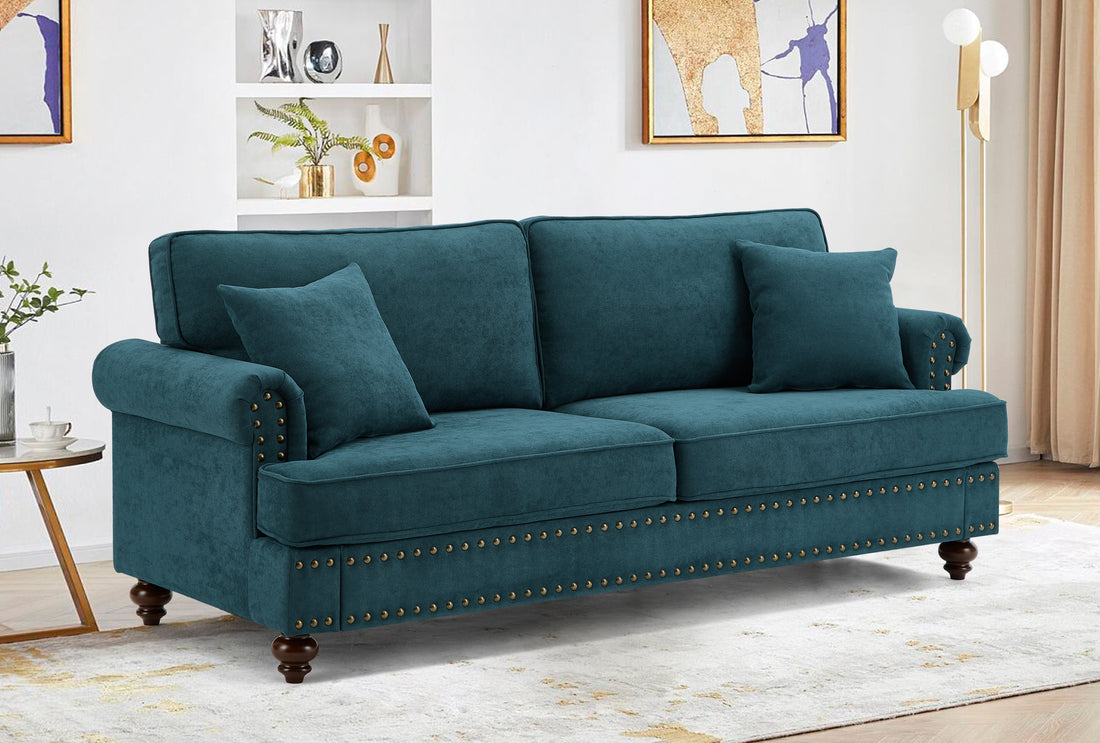 Modern Sofa For Living Room, 82" Green Chenille Sofa Couch, Sectional Beautiful Seat Couch With Brown Legs, Upholstered Sofa For Apartment Bedroom Home Office Lake Green Wood Dining Room Soft