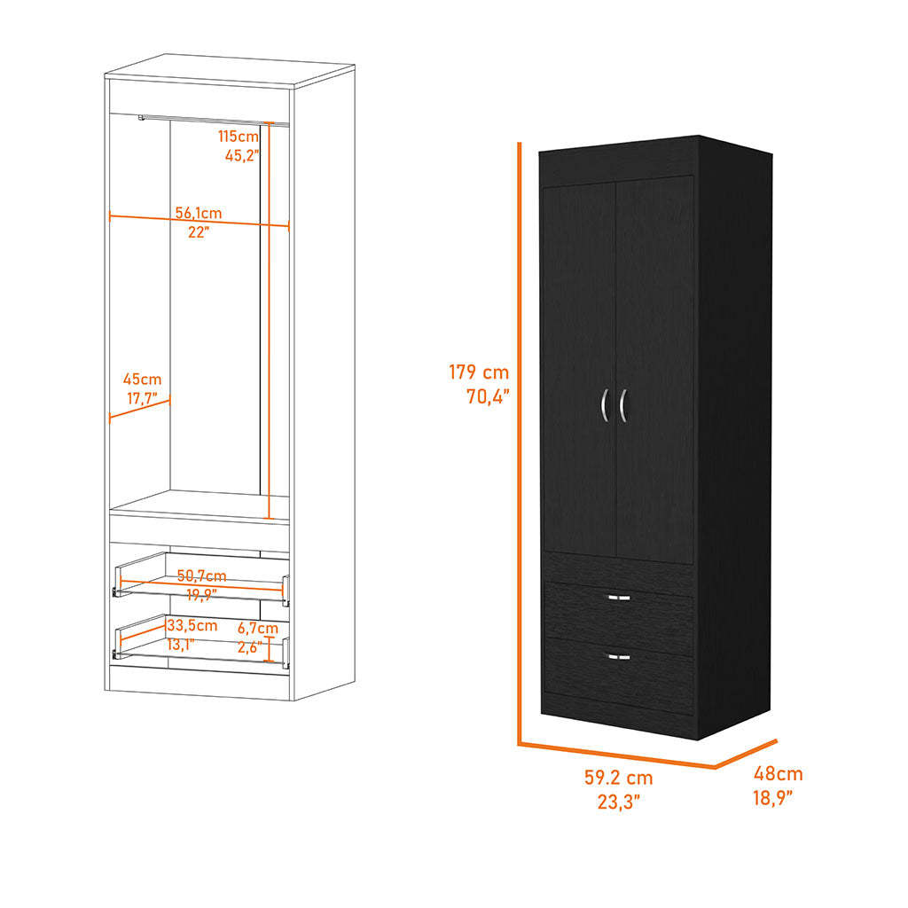 Alabama Armoire, One Large Cabinet, Two Drawers Black Mdf Engineered Wood