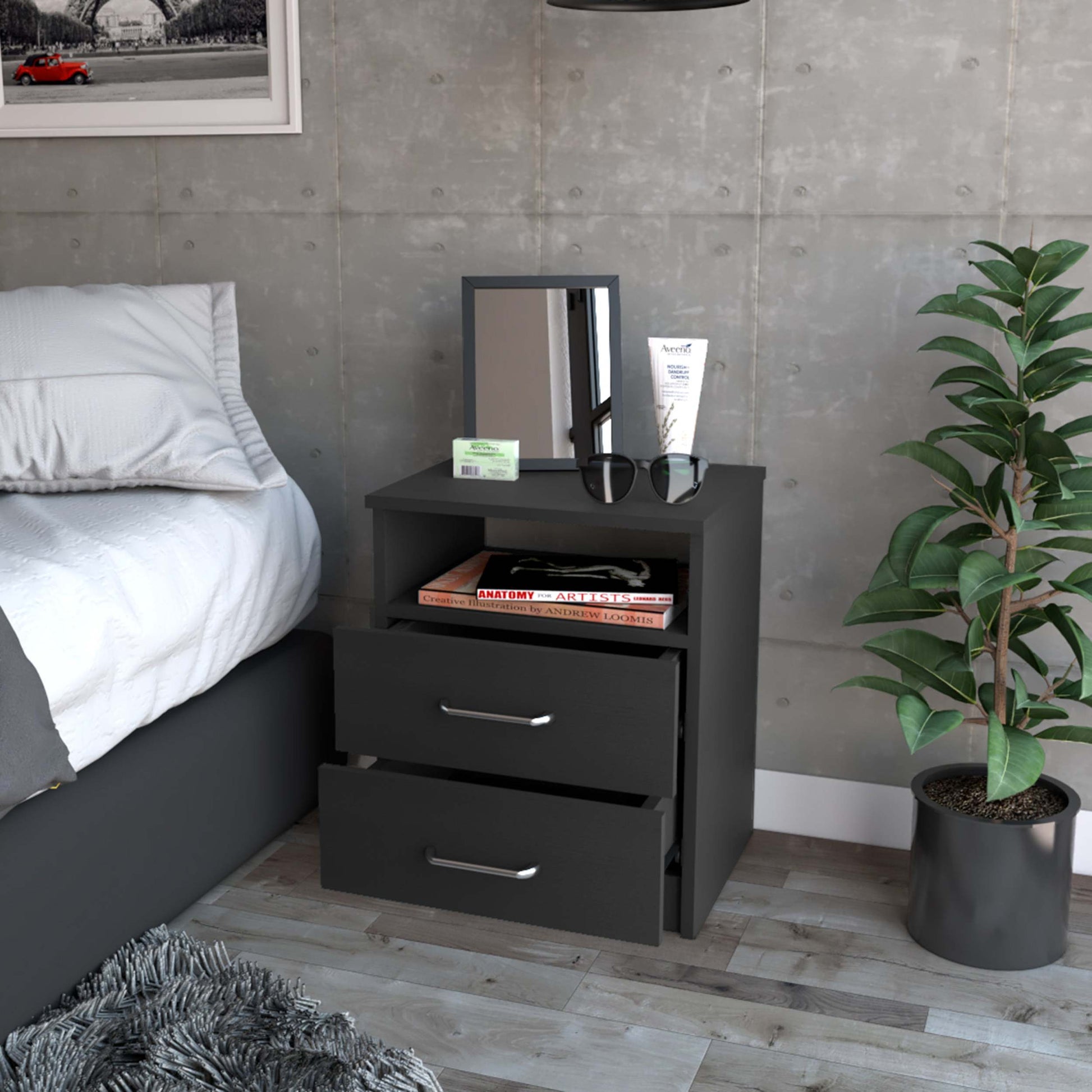 Oklahoma Nightstand,Two Drawers, One Shelf Black Mdf Engineered Wood