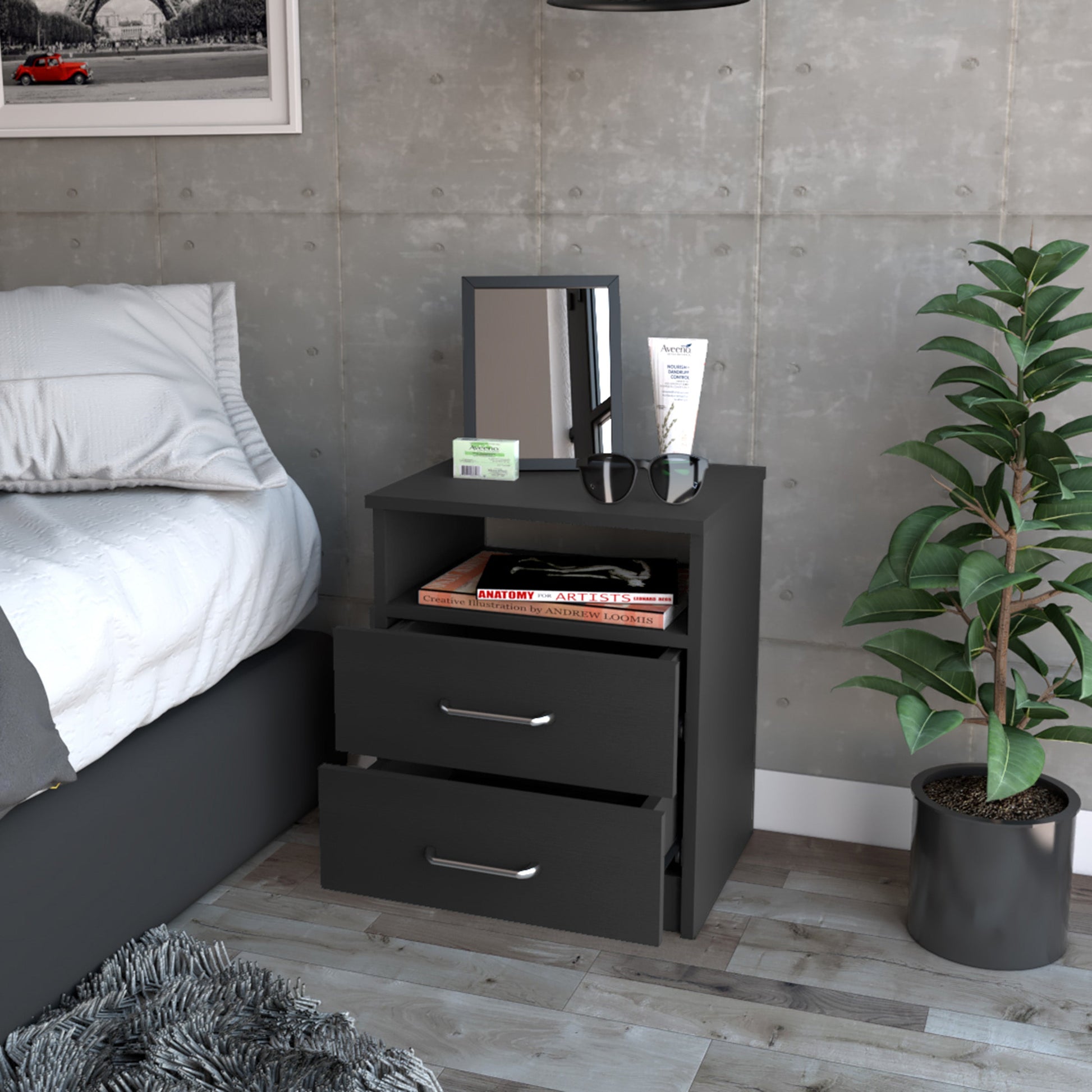 Oklahoma Nightstand,Two Drawers, One Shelf Black 2 Drawers Bedroom Rectangle Modern Shelf Mdf Engineered Wood