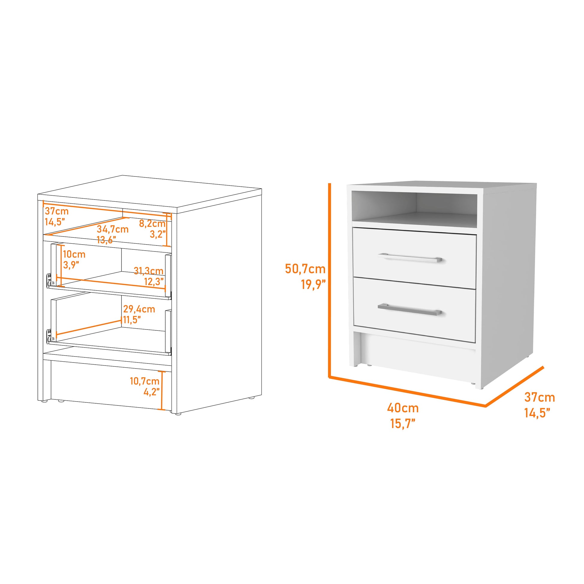 Philadelphia Nightstand, Two Drawers, Concealed Shelf White Mdf Engineered Wood