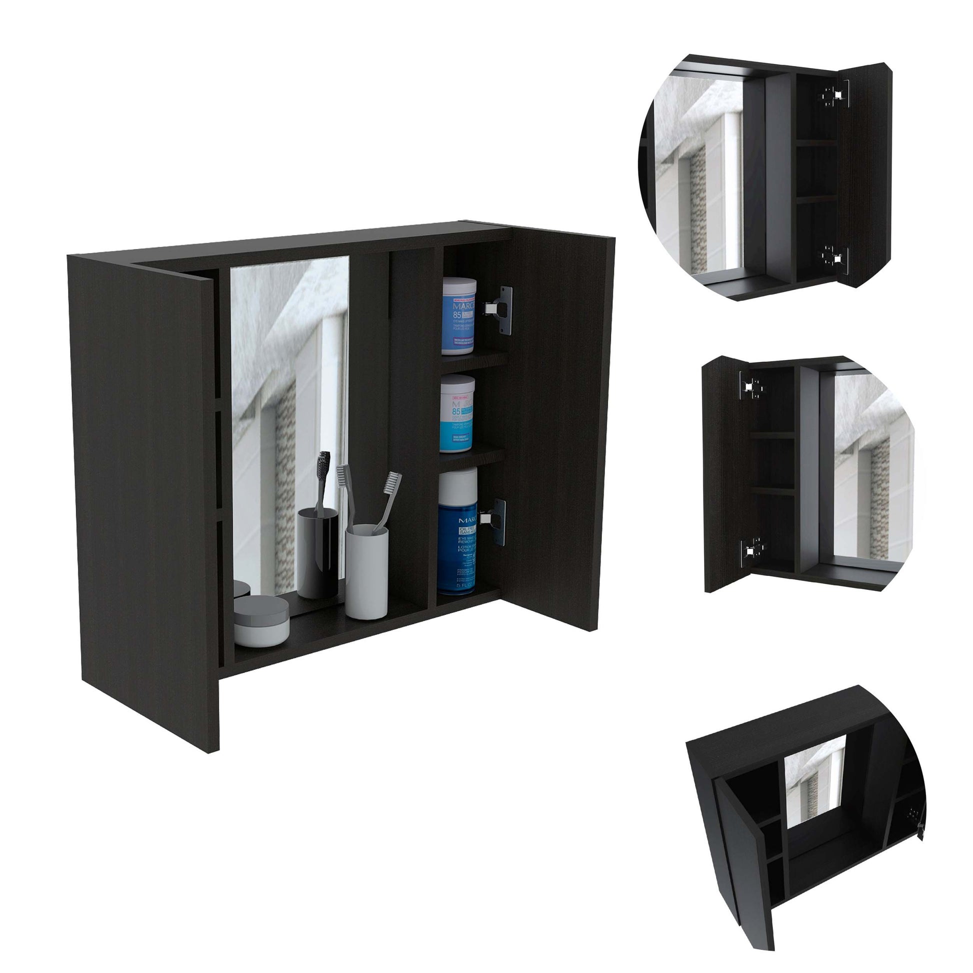 Draco Medicine Cabinet, Mirror, Double Door, One External Shelf Black Mdf Engineered Wood