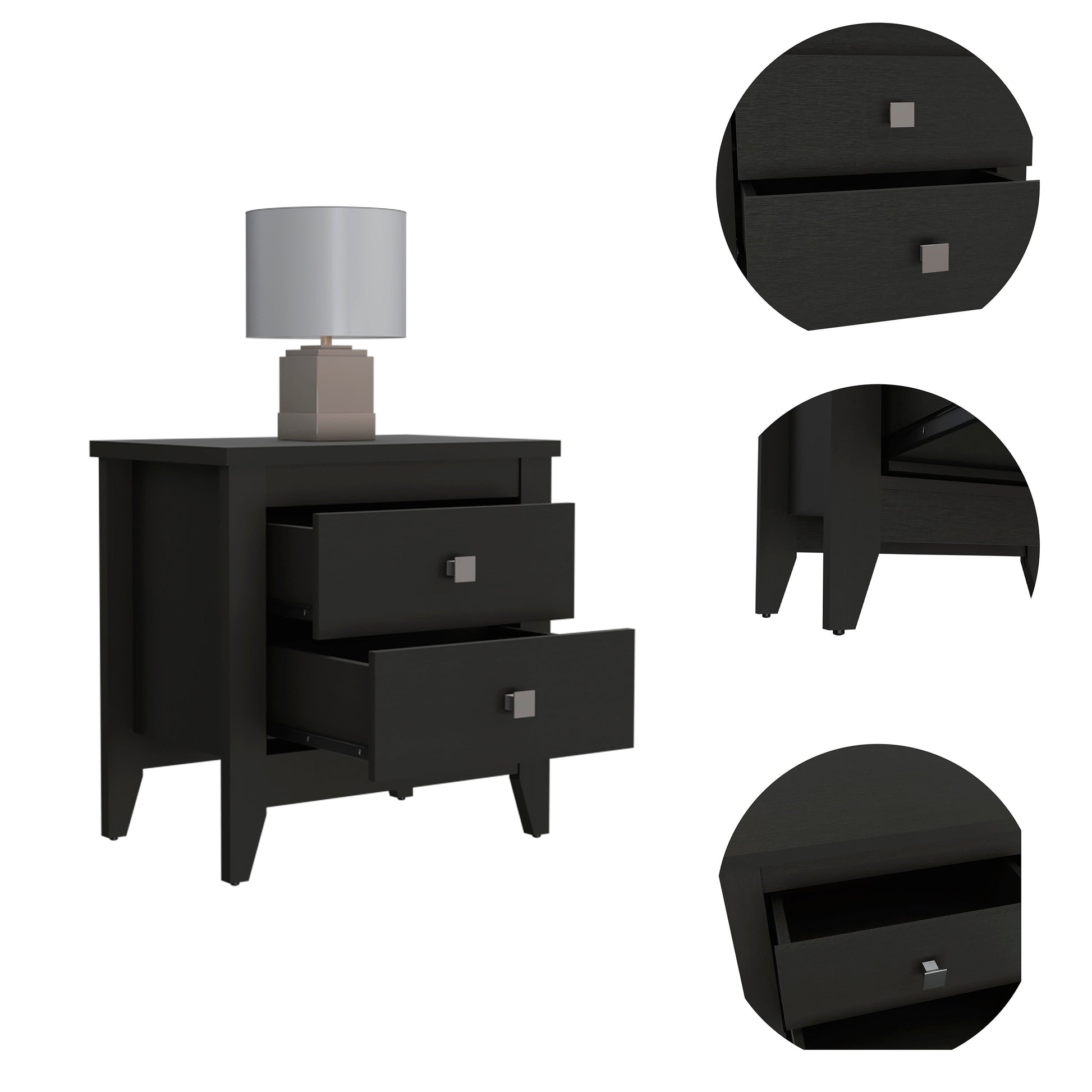 Breeze Four Legged Modern Bedroom Nightstand, With Two Drawers Black 2 Drawers Bedroom Rectangle Modern Shelf Mdf Engineered Wood