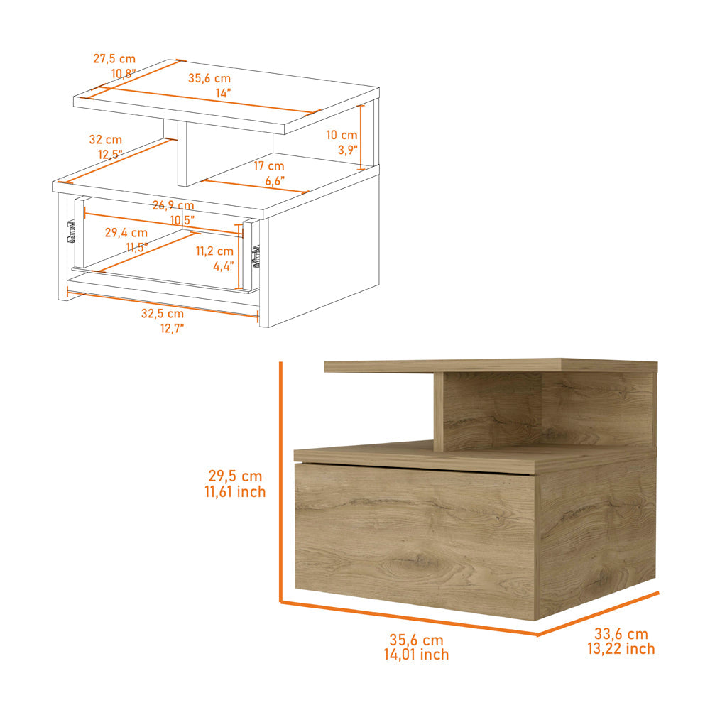 Augusta Floating Nightstand With 2 Tier Shelf And 1 Drawer Beige 1 Drawer Bedroom Rectangle Modern Shelf Mdf Engineered Wood