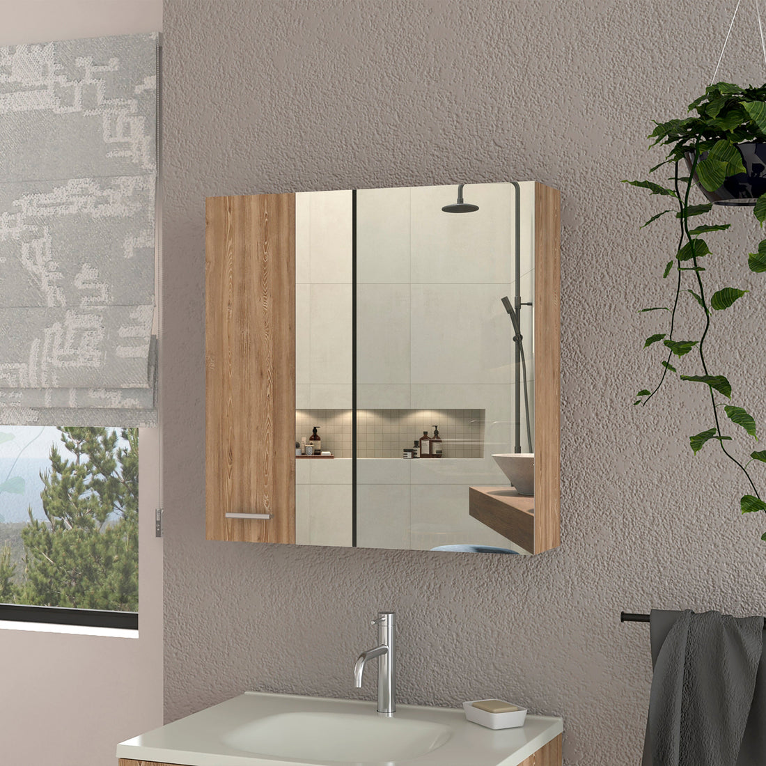 Kenya Medicine Cabinet, Mirror, Double Door, Four Interior Shelves Beige 2 4 18 To 23 In 24 To 31 In Mirror Included Bathroom Wall Mounted Modern 5 10 Inches Melamine Engineered Wood