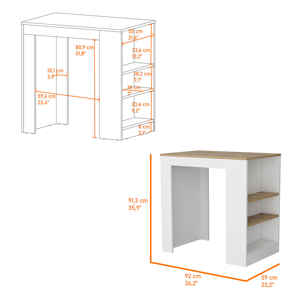 Harlan Kitchen Island, Counter Height Table Top With 3 Side Shelf Multicolor Mdf Engineered Wood