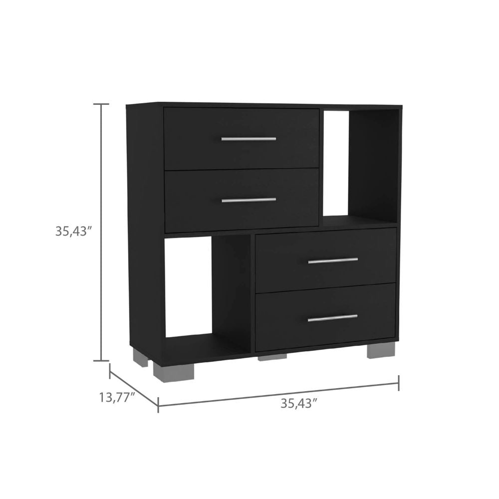 Sunflower Dresser, Four Drawers, Two Open Shelves Black Mdf Engineered Wood