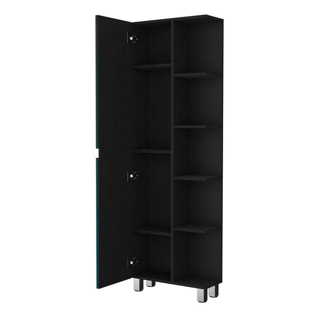 Los Angeles Linen Cabinet, Mirror, Five Shelves Black Mdf Engineered Wood