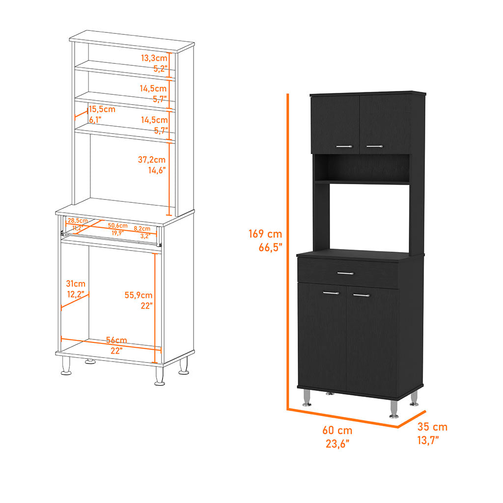 Bay Area Pantry, Two Door Cabinets, One Drawer, Four Adjustable Metal Legs Black Dining Room Modern Mdf Shelves Included Engineered Wood