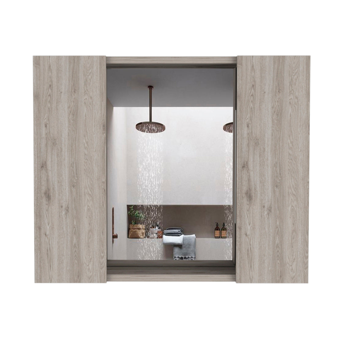 Draco Medicine Cabinet, Mirror, Double Door, One External Shelf Beige 2 1 Bathroom Wall Mounted Modern Mdf Engineered Wood