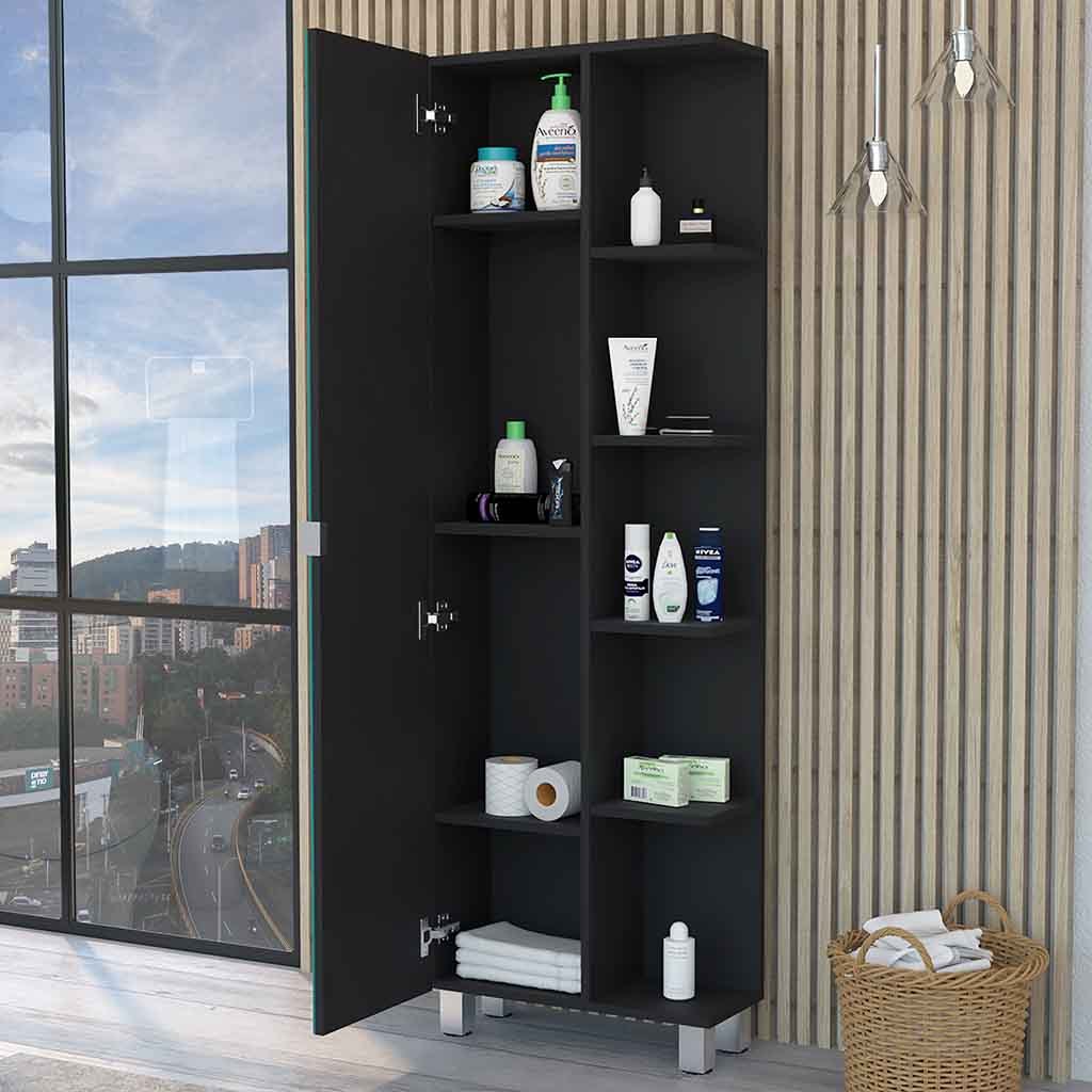 Los Angeles Linen Cabinet, Mirror, Five Shelves Black Mdf Engineered Wood