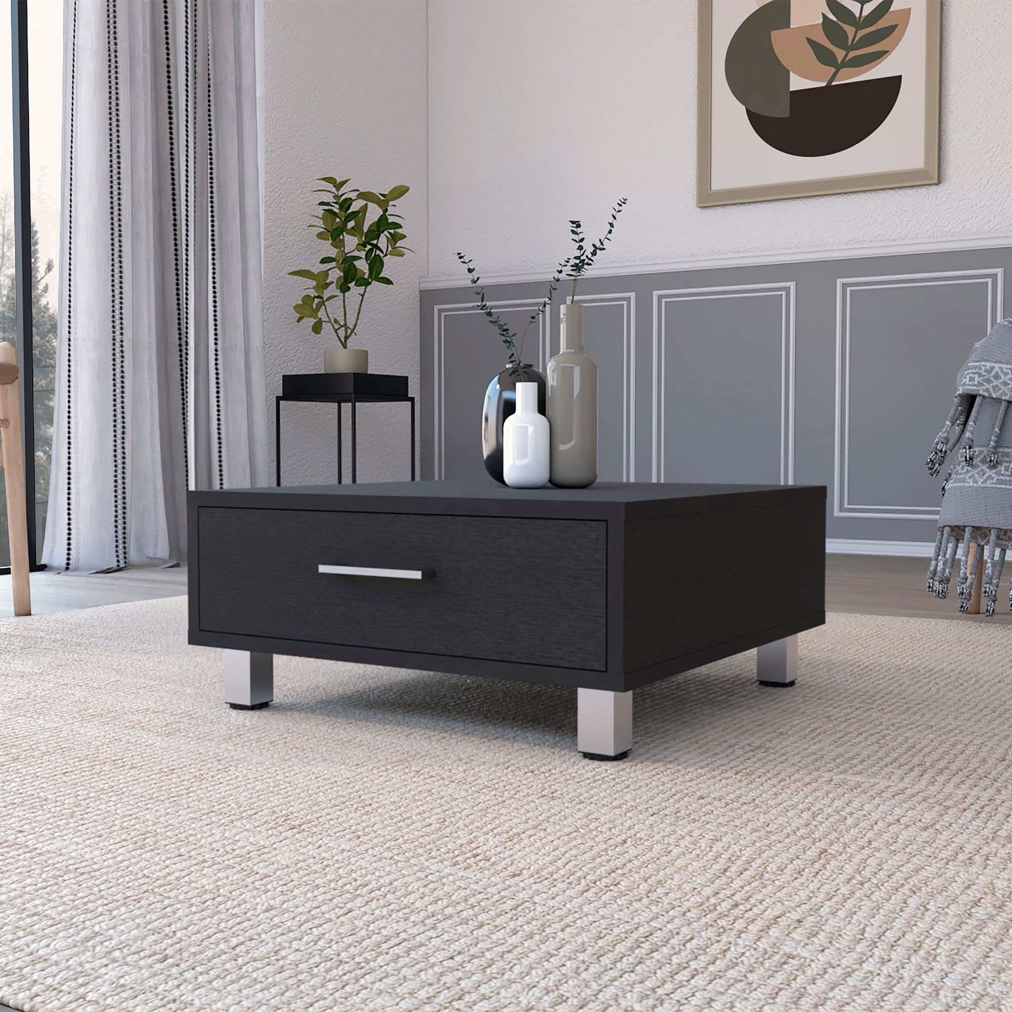 Myers Coffee Table, Four Legs, One Drawer Black Mdf Engineered Wood