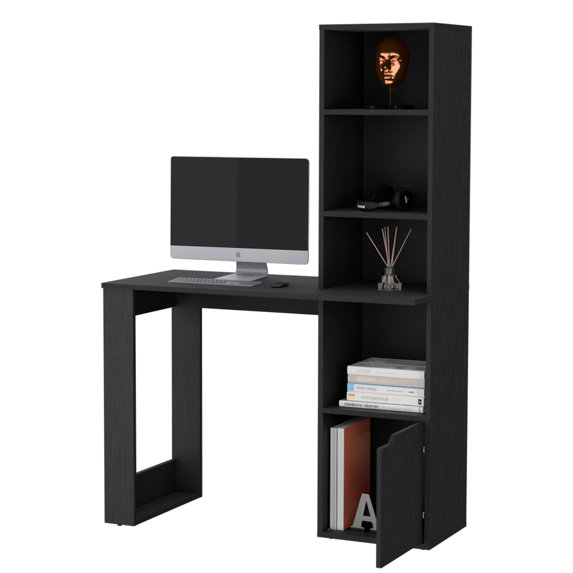 Anson Computer Desk With 4 Tier Bookcase And 1 Door Cabinet Black Computer Desk Office Modern Freestanding Rectangular Bookcase Desk Rectangular Mdf Engineered Wood