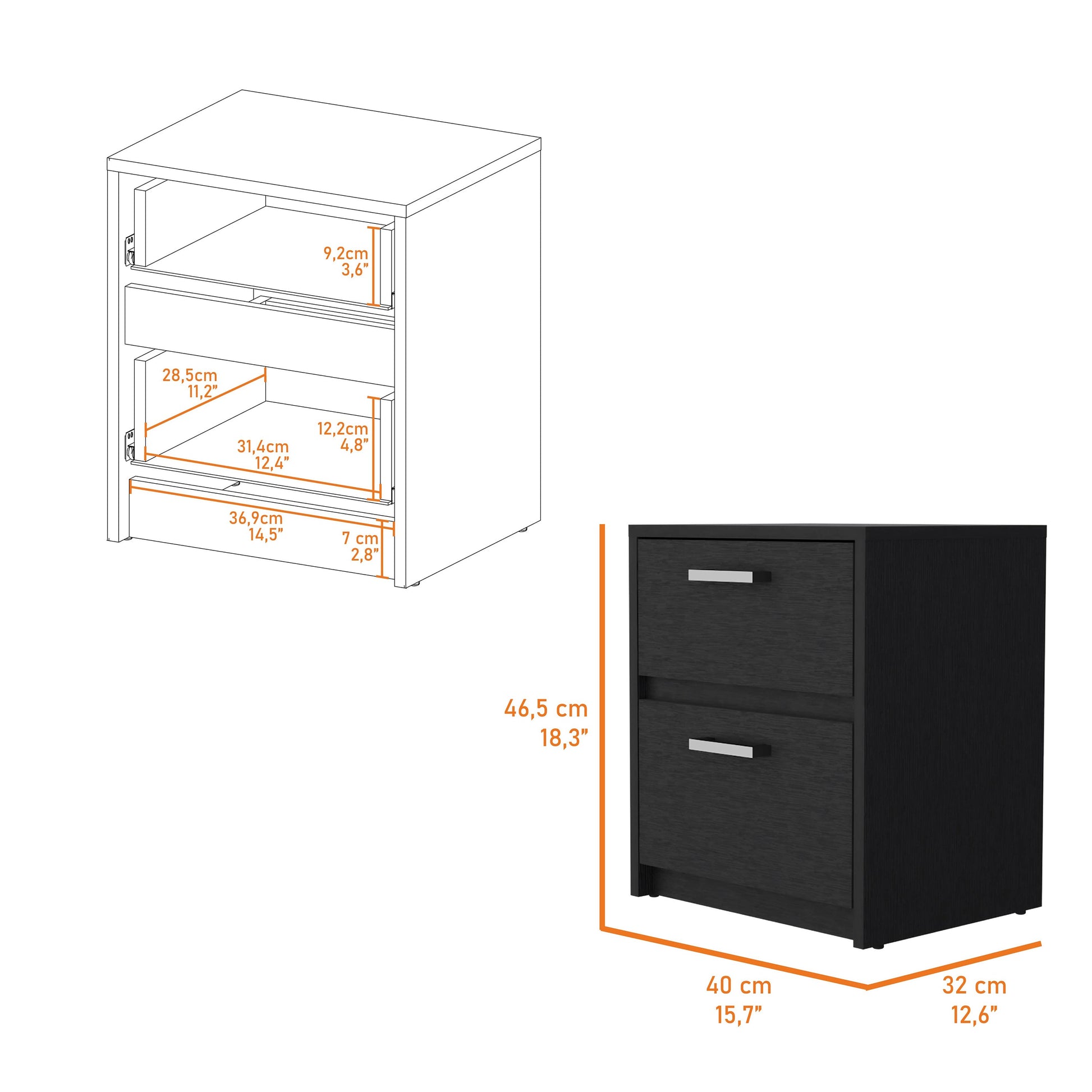 Myrtle 2 Drawers Nightstand, Bedside Table With Metal Handles White Mdf Engineered Wood