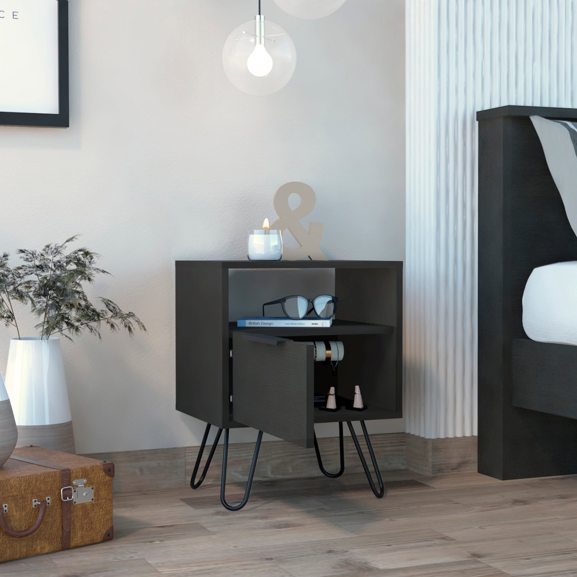 Vienna Nightstand, Shelves, Hairpin Legs Black Mdf Engineered Wood