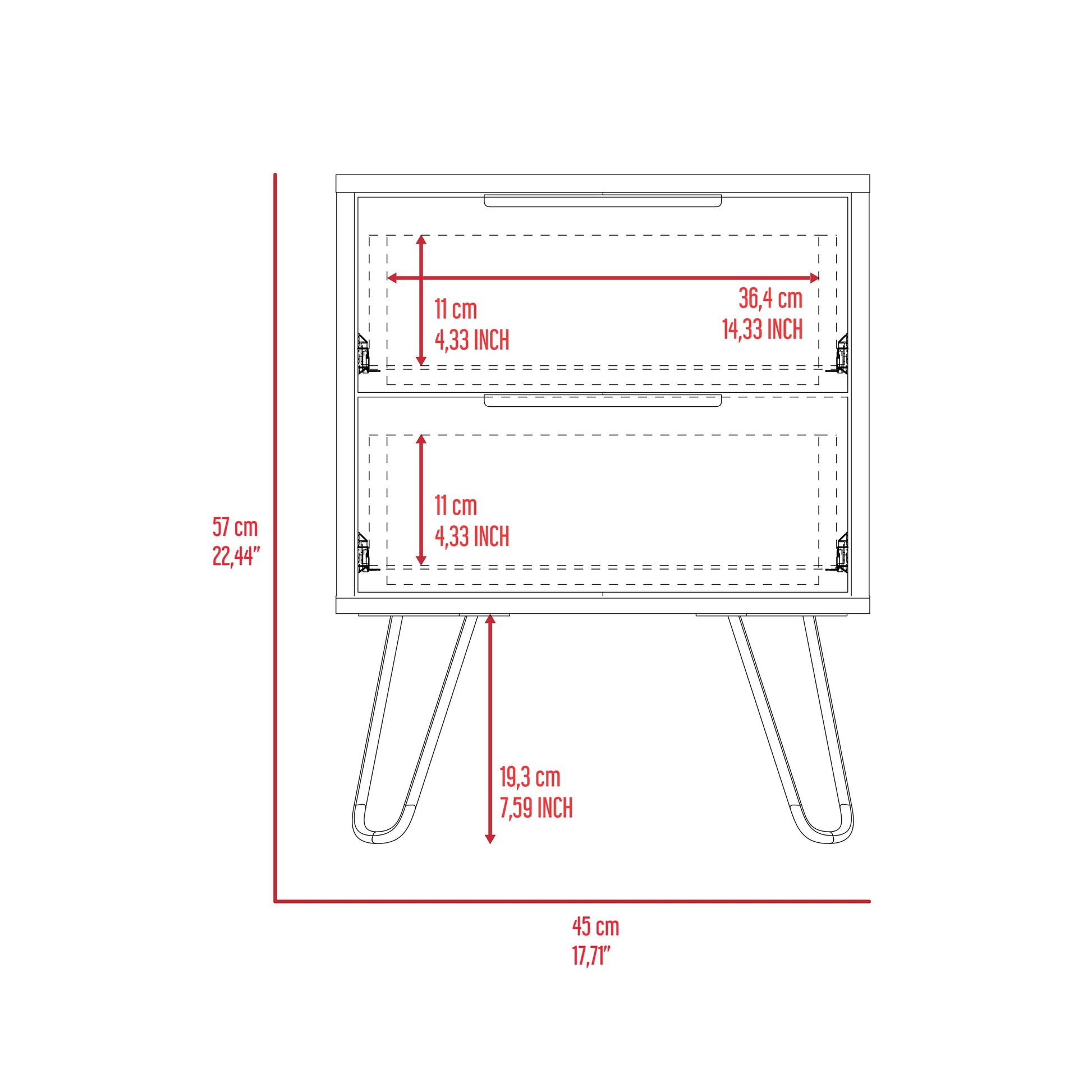 Nuvo 2 Nightstand,Two Drawers, Hairpin Legs Black Mdf Engineered Wood