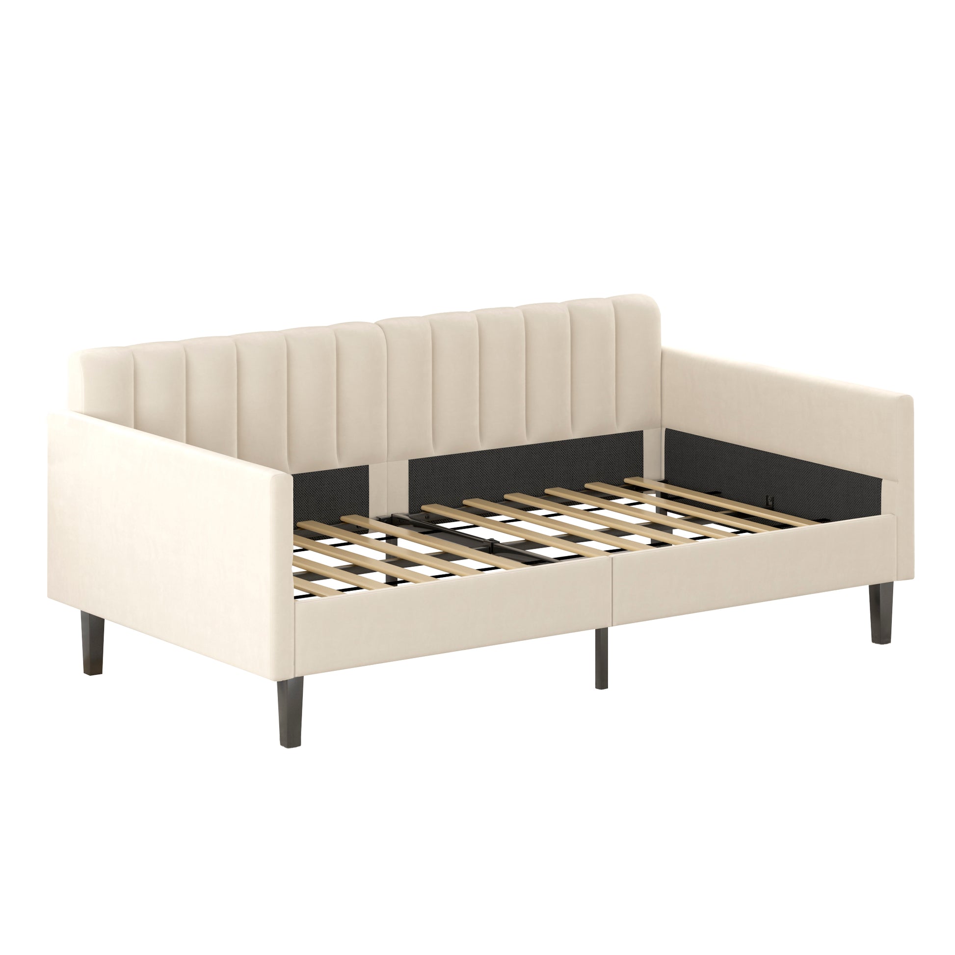 Elena Twin Size Beige Velvet Upholstered Daybed, Ribbed Tufted Backrest, Daybed In Lavish Modern Design, Richly Hued Foam Comfort Box Spring Not Required Twin Beige Natural Metal Bedroom Classic,Contemporary,Minimalist,Traditional,Transitional Daybeds