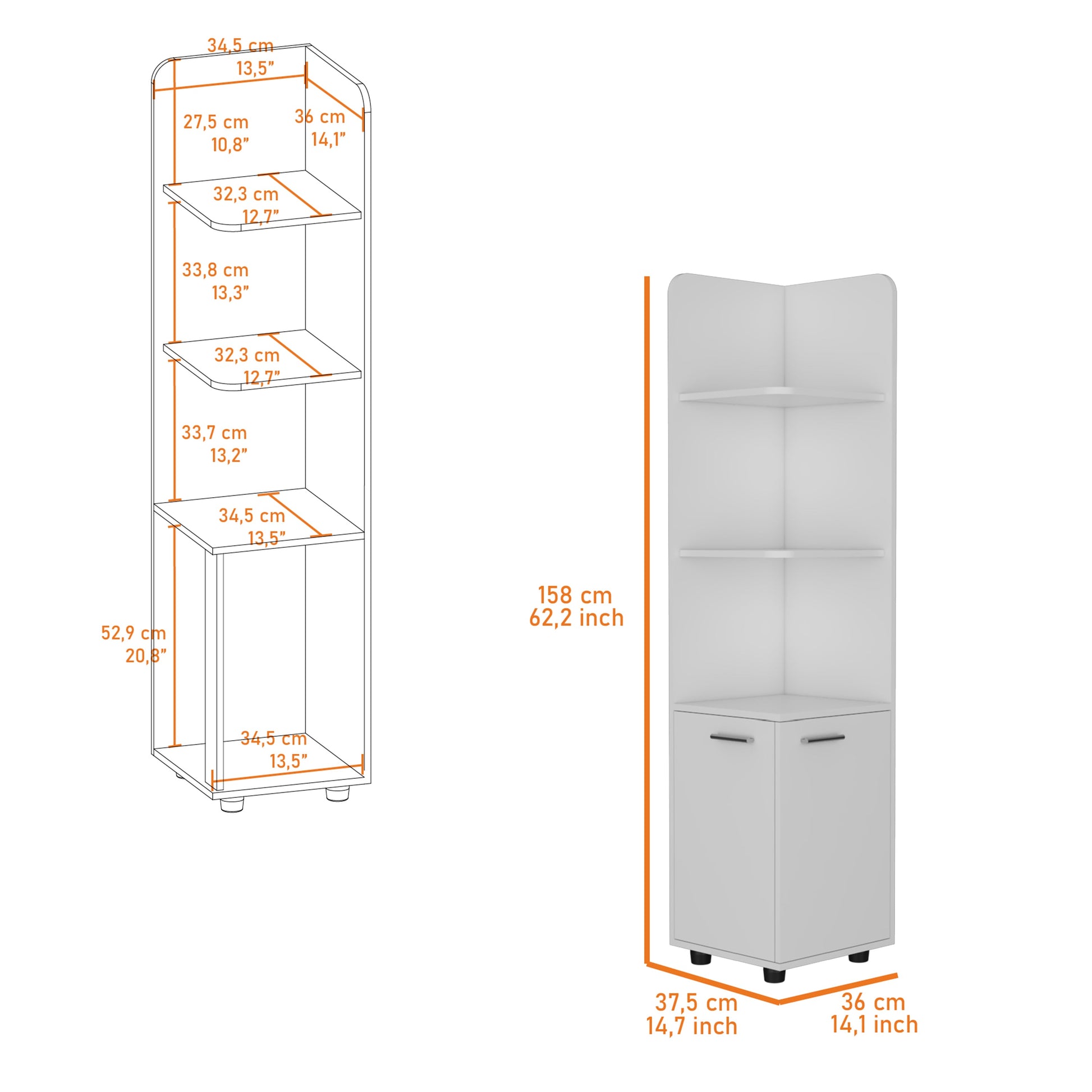 Sunriver Corner Shelf With Cabinet, 3 Tier Shelf, Metal Handles White Mdf Engineered Wood