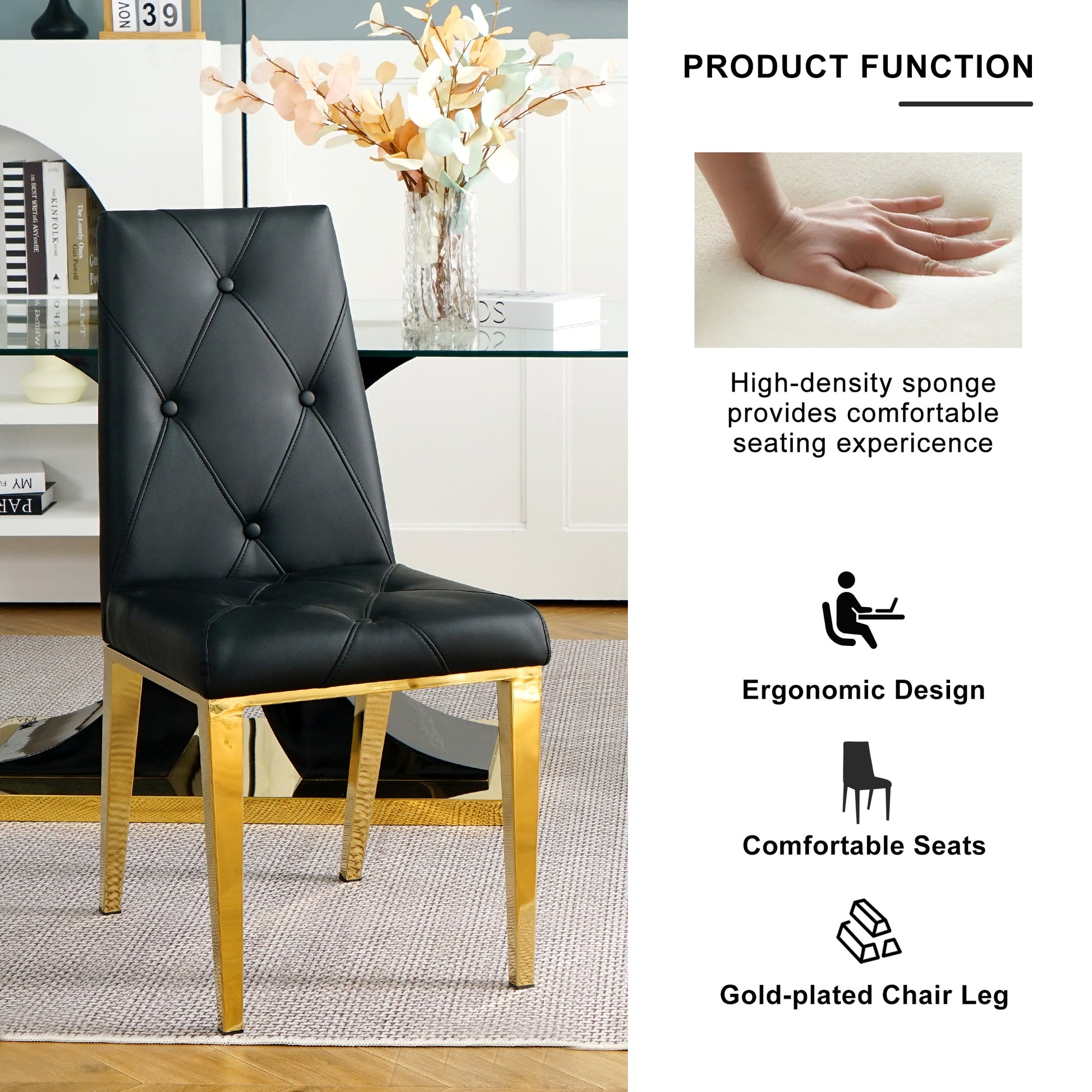 Modern Simple Light Luxury Dining Chair Black Chair Family Bedroom Chair Pu Fabric Dining Chair Gold Plated Legs Set Of 2 Metal Black Gold Pu