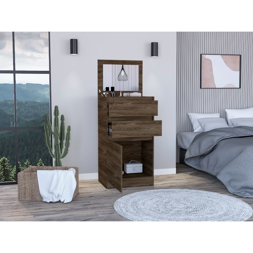 Celestial Dresser, Jewelry Box, Mirror, Two Drawers, Single Door Cabinet Brown Mdf Engineered Wood