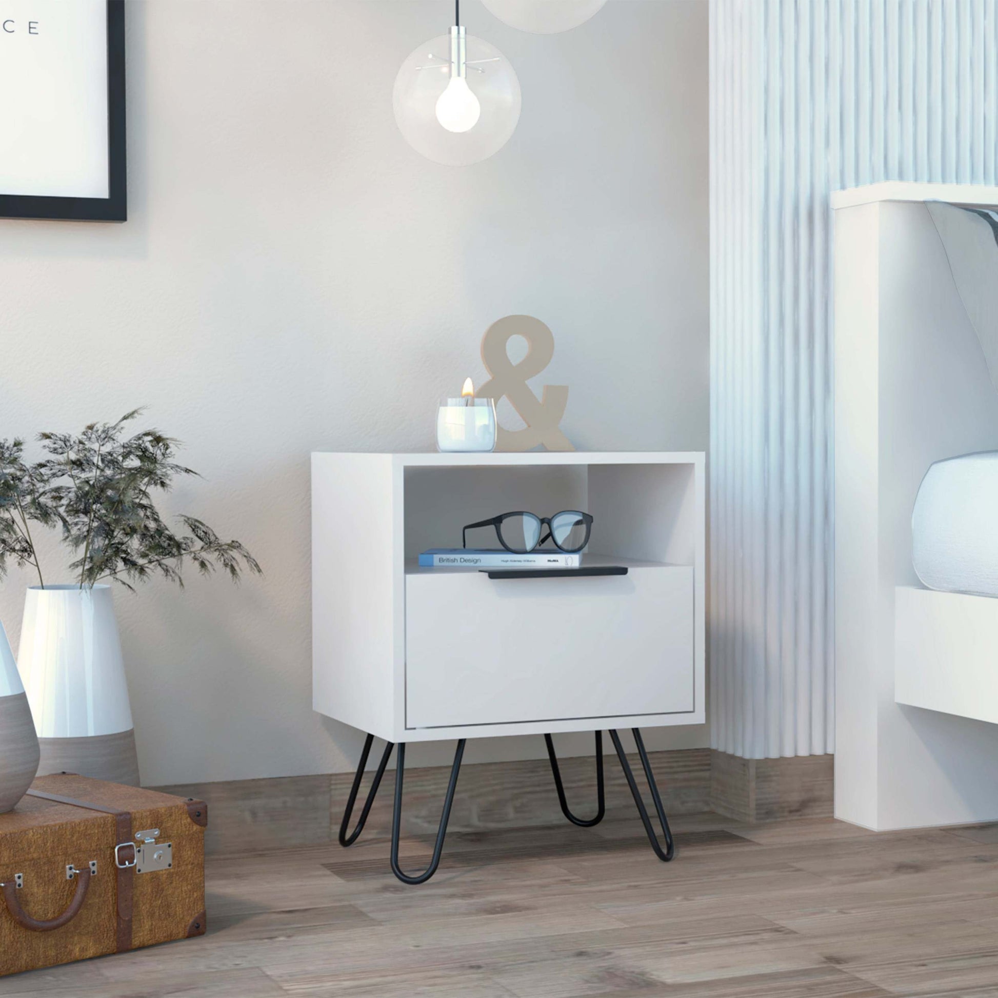 Vienna Nightstand, Shelves, Hairpin Legs White Mdf Engineered Wood