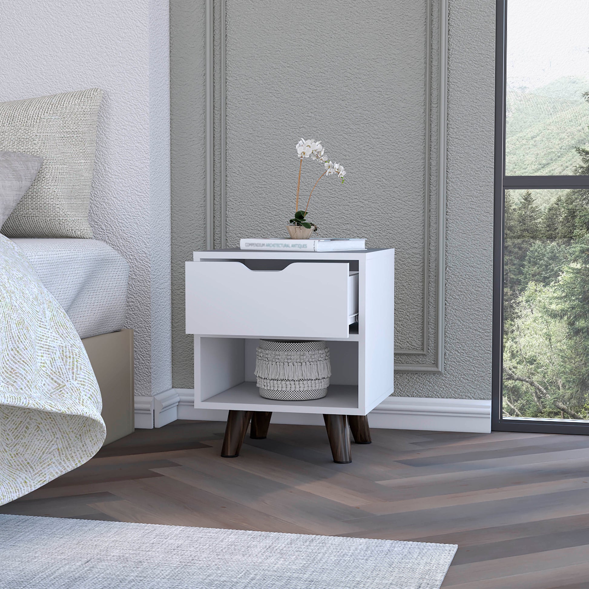 Carthage Nightstand With 1 Drawer, 1 Open Storage Shelf And Wooden Legs White 1 Drawer Bedroom Rectangle Modern Drawers Mdf Engineered Wood