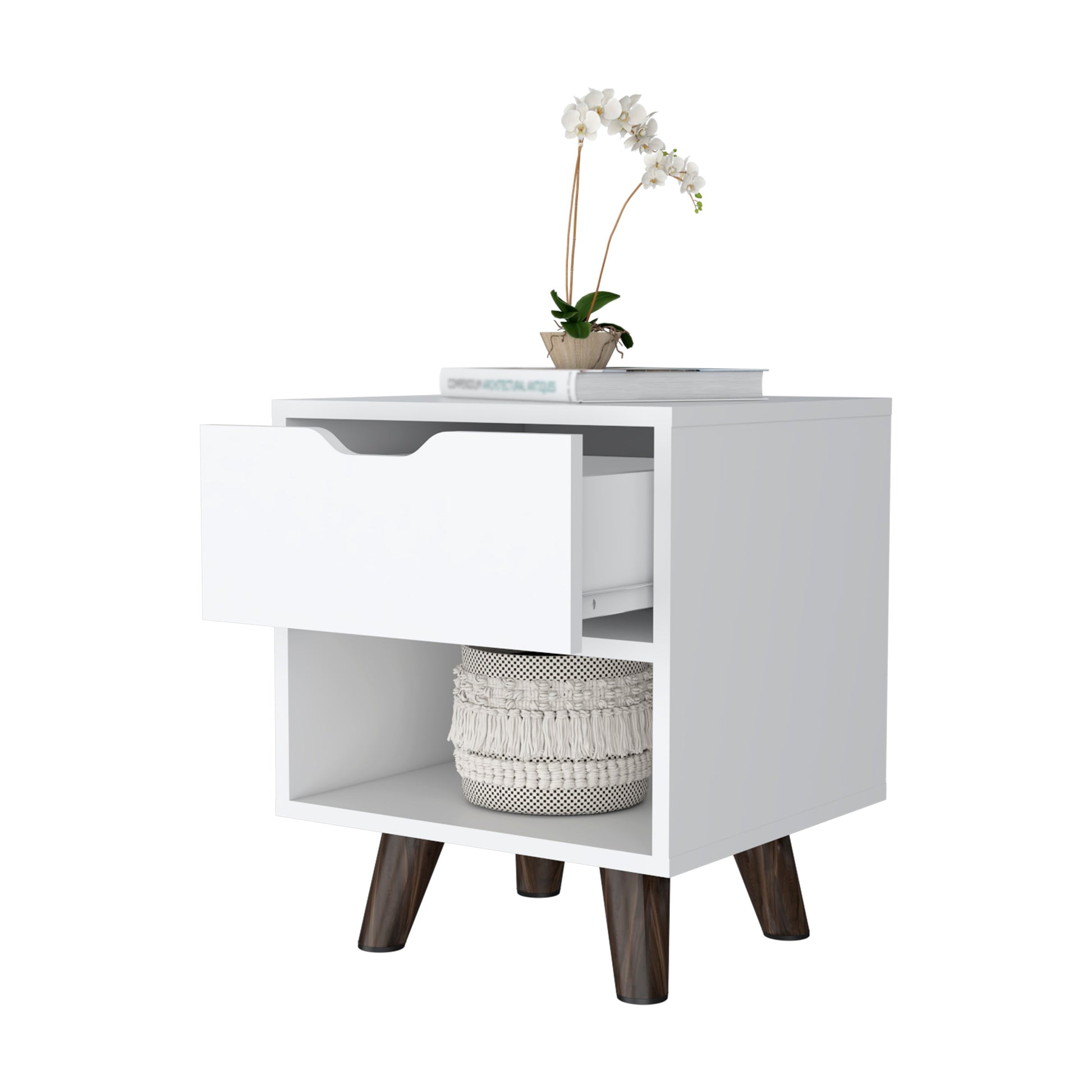 Carthage Nightstand With 1 Drawer, 1 Open Storage Shelf And Wooden Legs White 1 Drawer Bedroom Rectangle Modern Drawers Mdf Engineered Wood