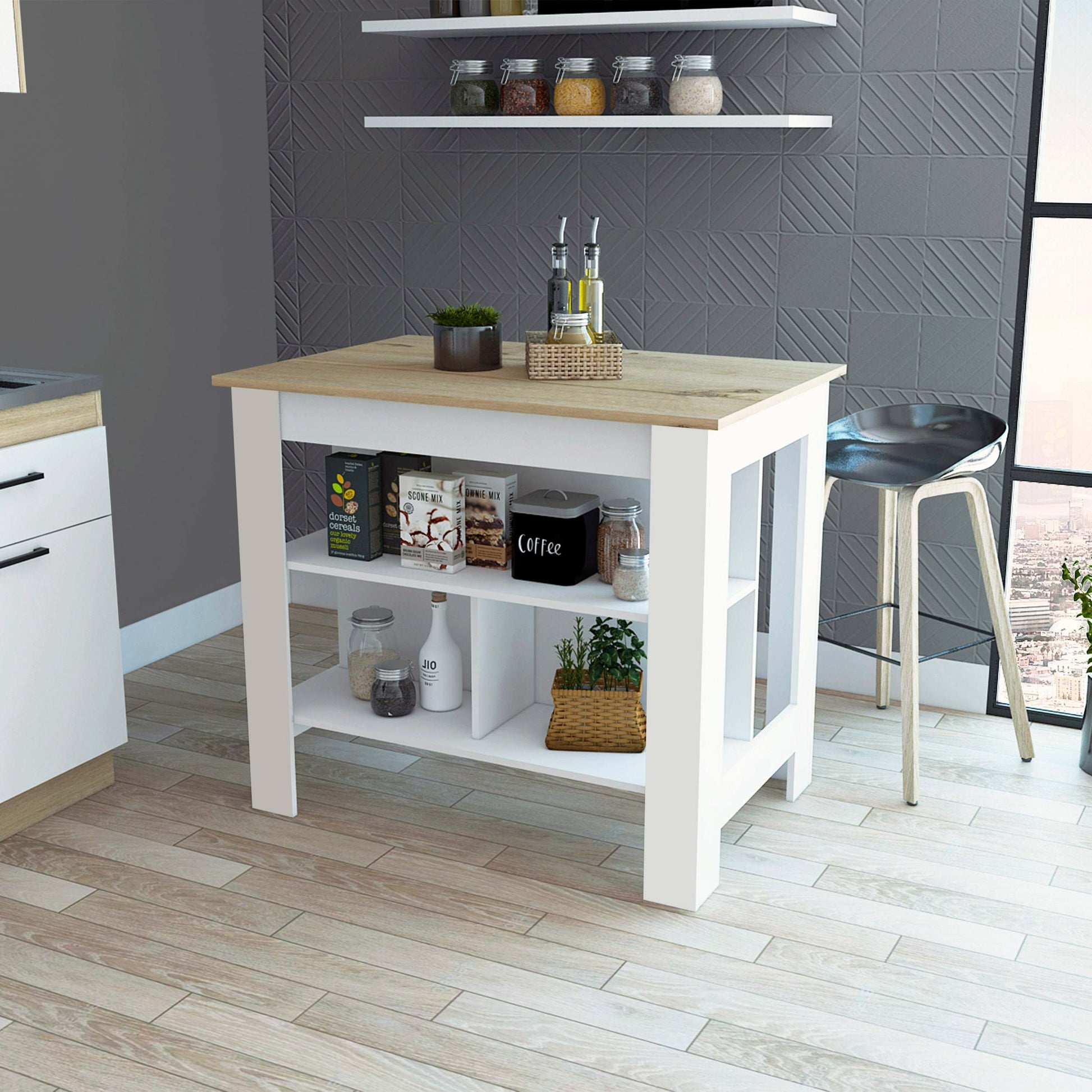 Brooklyn Kitchen Island, Three Concealed Shelves Multicolor Contemporary Rectangular Kitchen Island Sets Melamine Engineered Wood