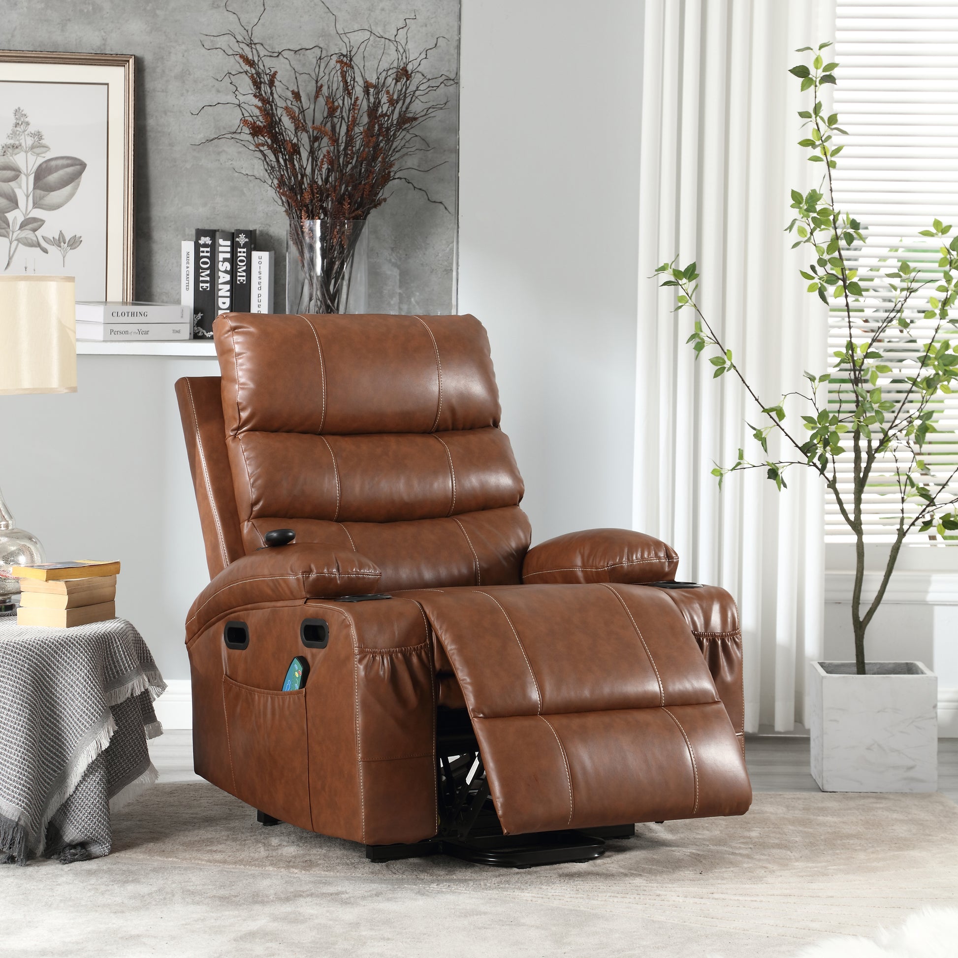 21"Seat Width,Large Size Electric Power Lift Recliner Chair Sofa For Elderly, 8 Point Vibration Massage And Lumber Heat, Remote Control, Side Pockets And Cup Holders, Cozy Fabric, Overstuffed Arm Pu Brown Pu