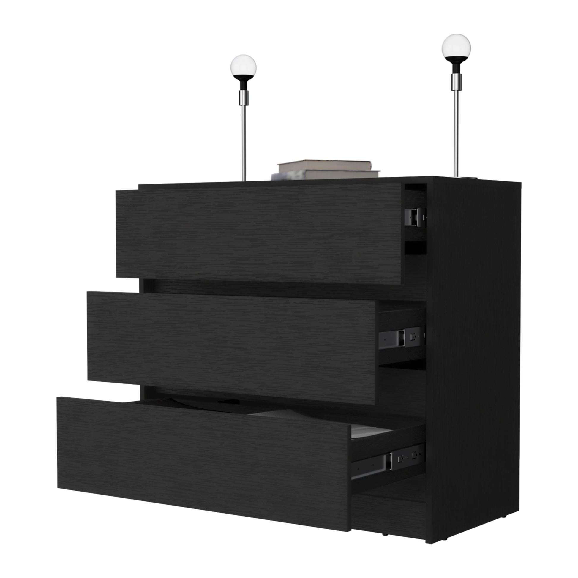 Avra 3 Drawer Dresser, Manufactured Wood Top And Front Chest Of Drawers Black Mdf Engineered Wood