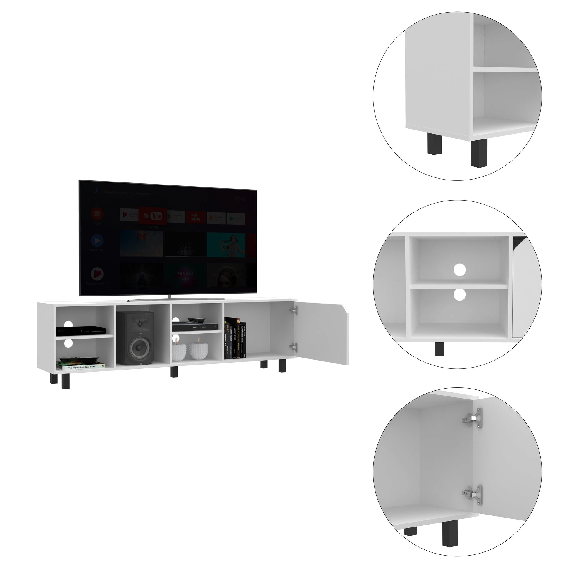 Native Tv Stand For Tv S Up 70", Four Open Shelves, Five Legs White Mdf Engineered Wood