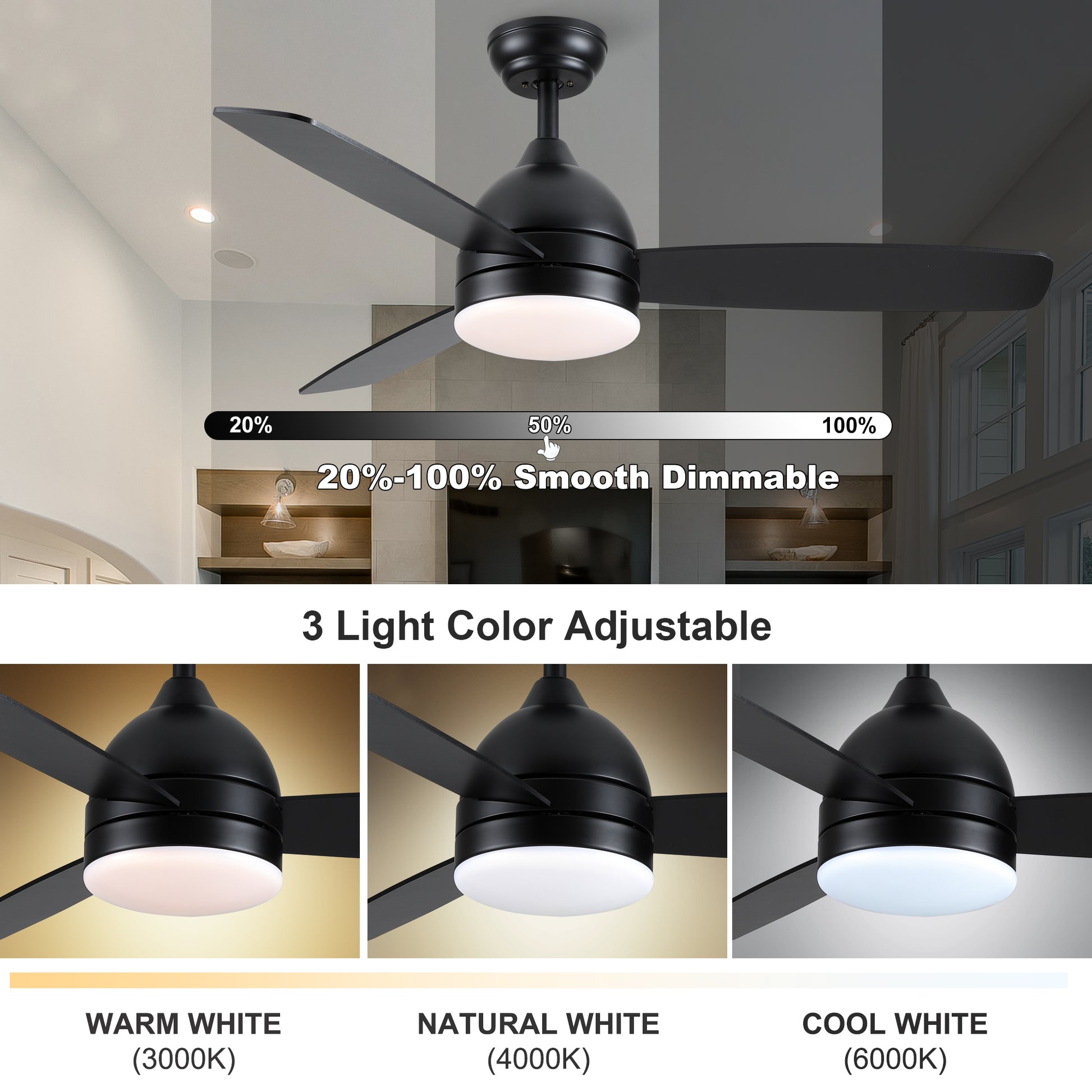 Smart 48 In. Integrated Led Balck Ceiling Fan With Remote Contorl And Plywood Blades Black Plywood