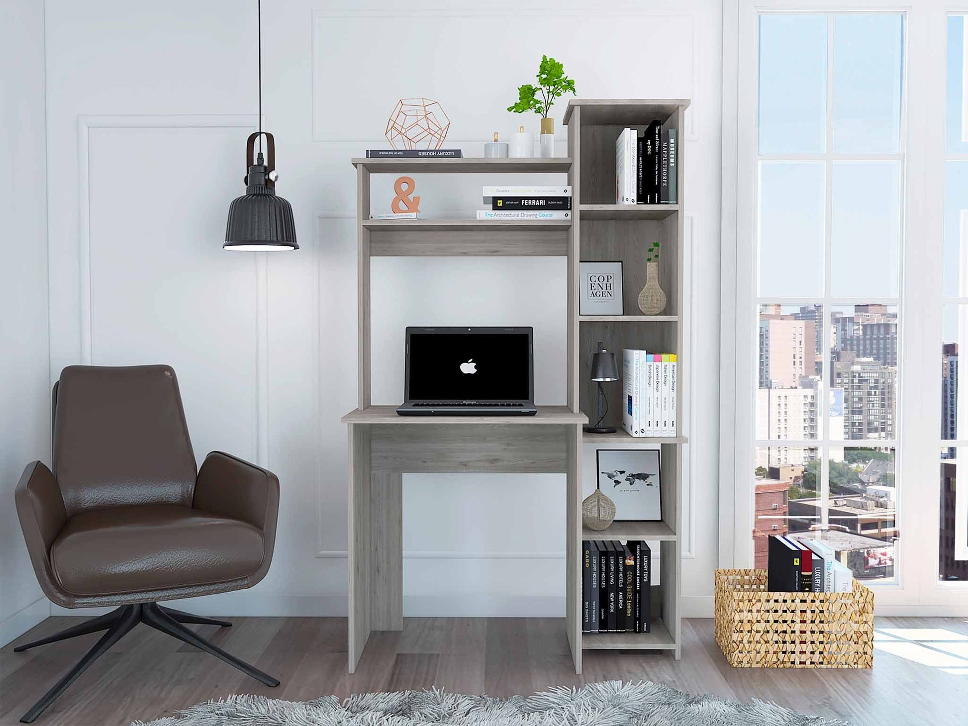 Nashville Writing Desk, Six Shelves Gray Computer Desk Office Contemporary Rectangular Bookcase Computer Tables Rectangular Melamine Engineered Wood