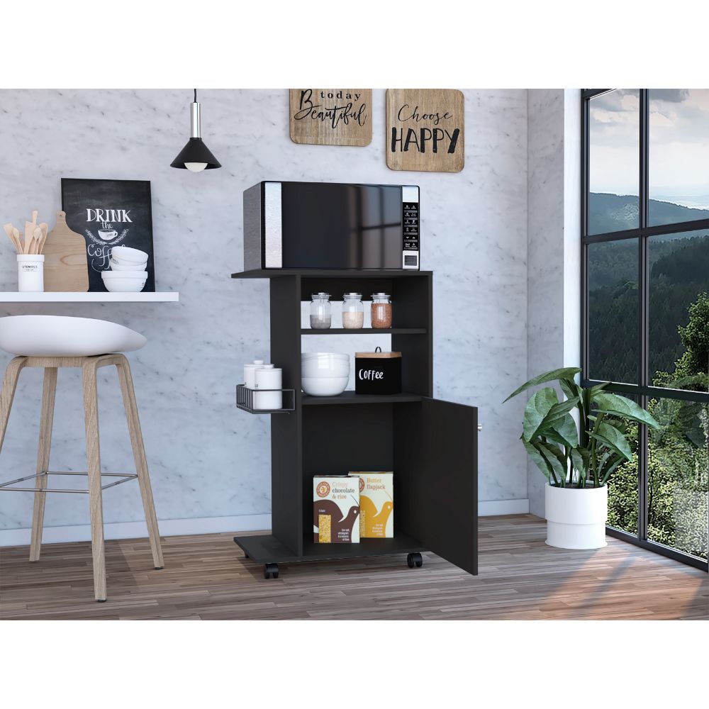 Columba Kitchen Cart, Single Door Cabinet, Four Caster Black Mdf Engineered Wood